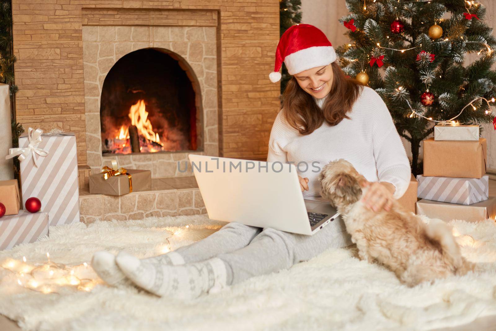 Happy girl in red hat sitting with laptop and sitting with cute dog at christmas tree with lights, fireplace and presents in festive room, female looking at her pekingese puppy with happy look.