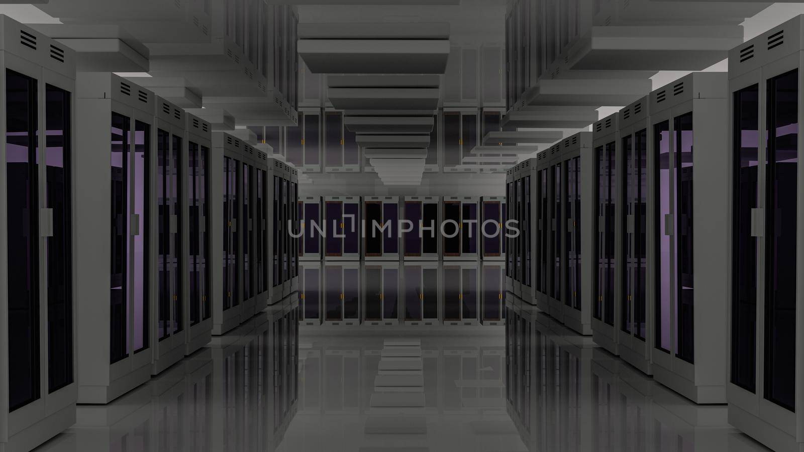 Servers racks in server room cloud data center. Datacenter hardware cluster. Backup, hosting, mainframe, mining, farm and computer rack with storage information. 3D rendering. 3D illustration