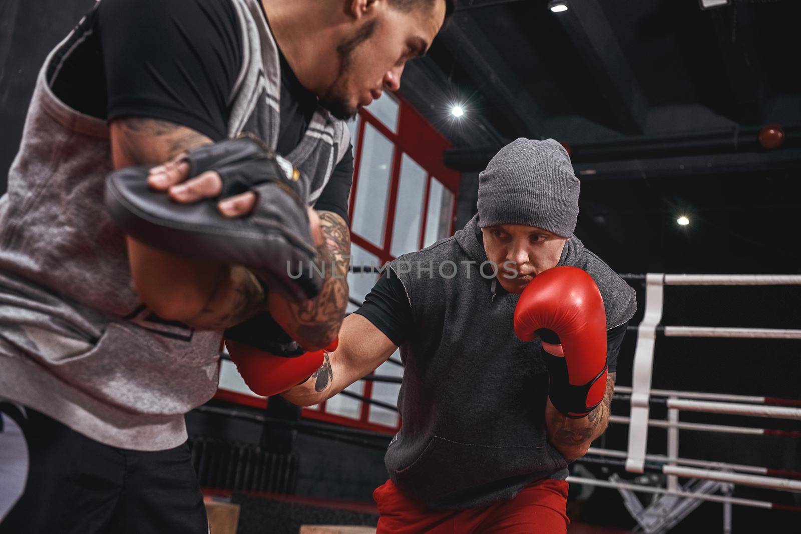 Close quarter boxing. Strong tattooed athlete in sports clothing training on boxing paws with partner opposite boxing ring by friendsstock