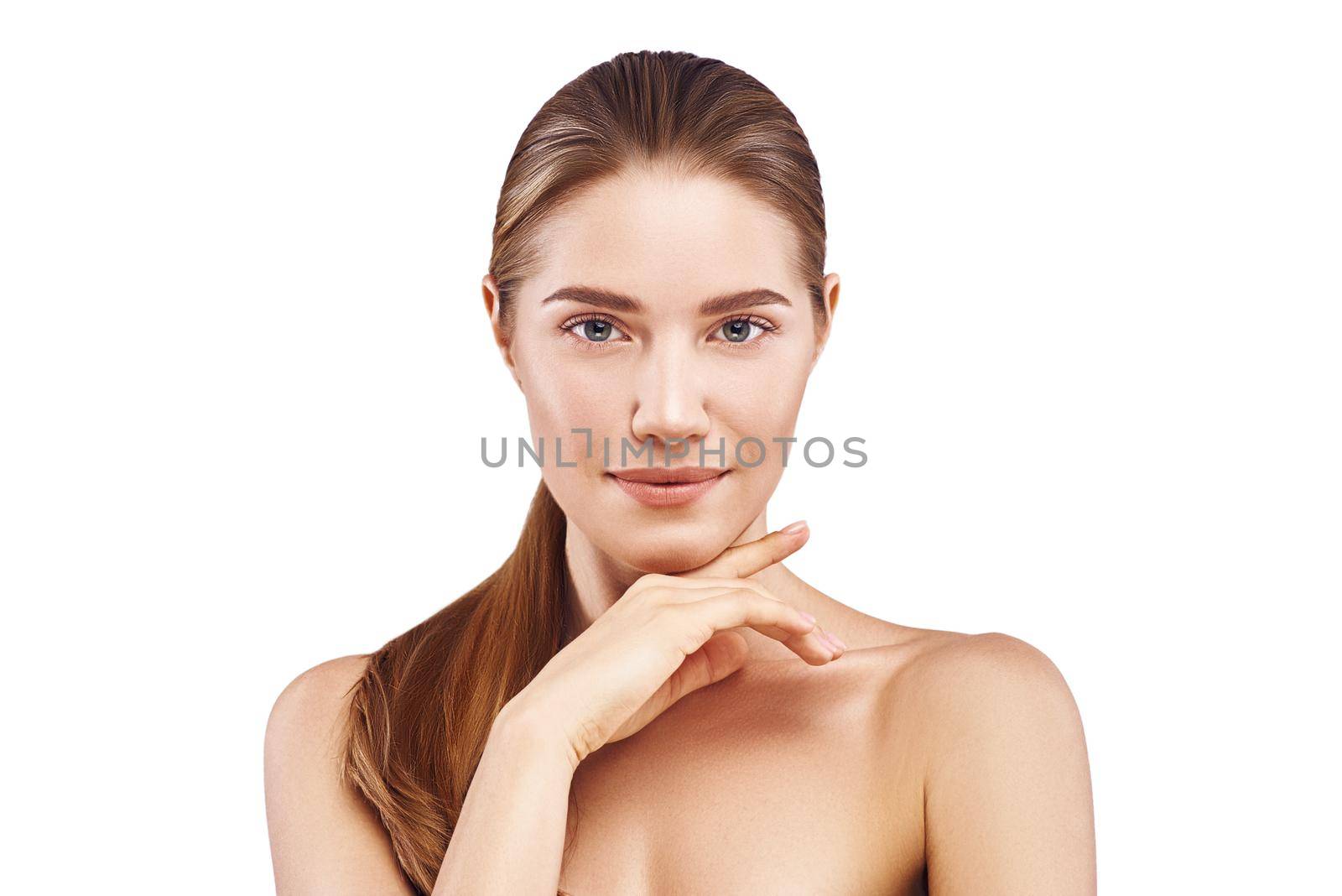 Beautiful woman face with hand close-up studio on white by friendsstock