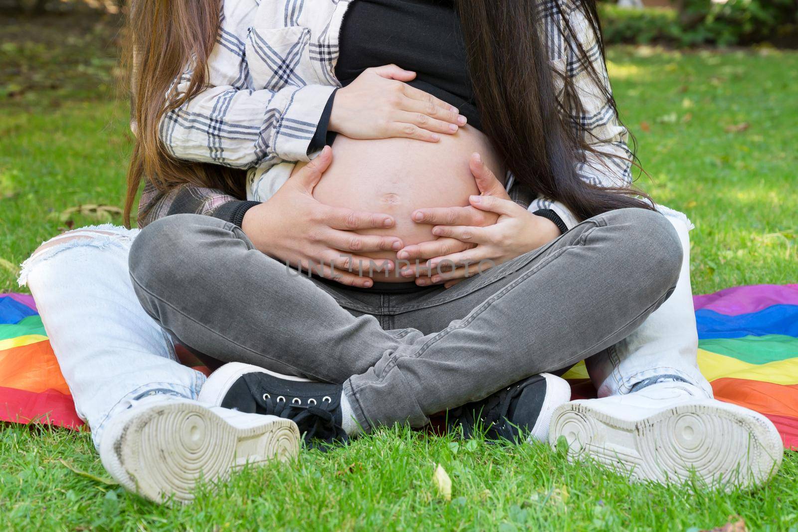 Portrait of unrecognizable affectionate pregnant lesbian couple with rainbow flag, relaxed at the park. Two happy girlfriends. Homosexual relationship. LGBT Community Pride. High quality photo.