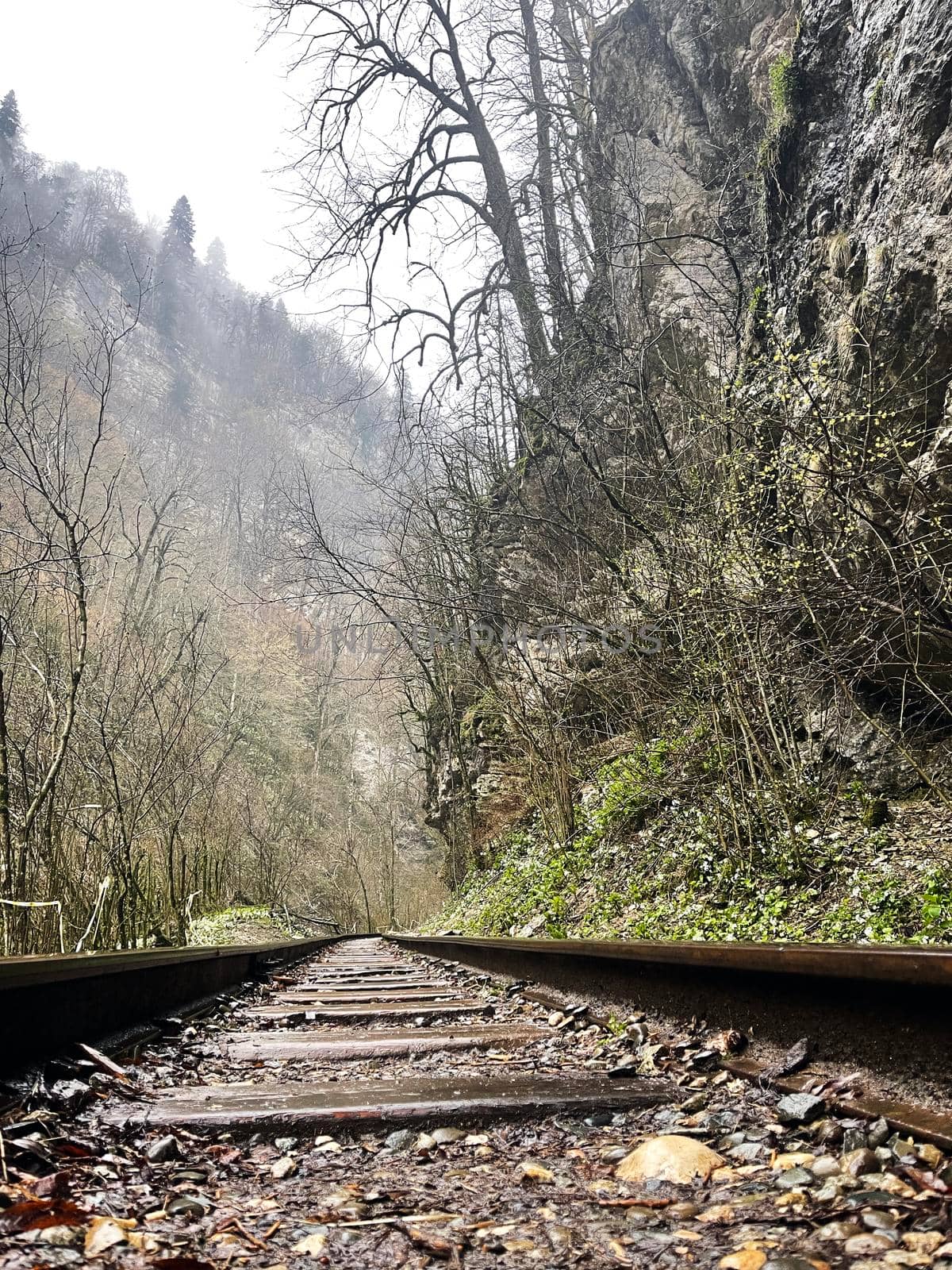 Close up of railway in mountainous terrain. Railway track in rainy weather in amazing and mysterious nature