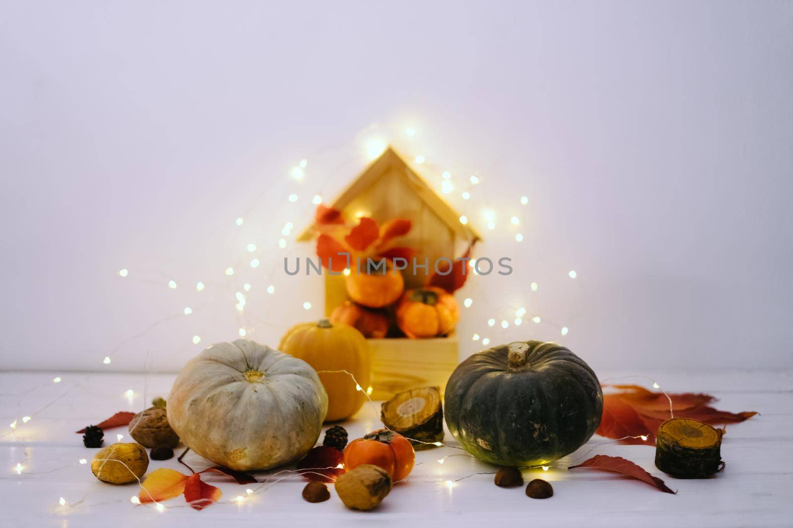 Christmas and New Year's Day, Thanksgiving. Autumn and winter festive composition of garland, pumpkin, nuts, persimmons, red leaves. Wooden house for storage of small things.