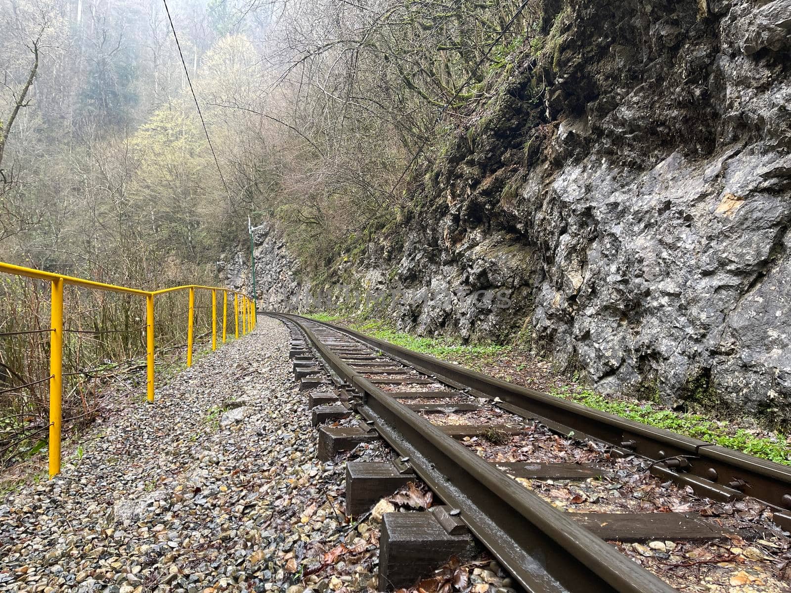 Close up of railway in mountainous terrain. Railway track in rainy weather in amazing and mysterious nature. by epidemiks