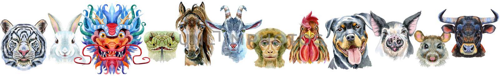 Border from watercolor twelve chinese zodiac animals by NataOmsk
