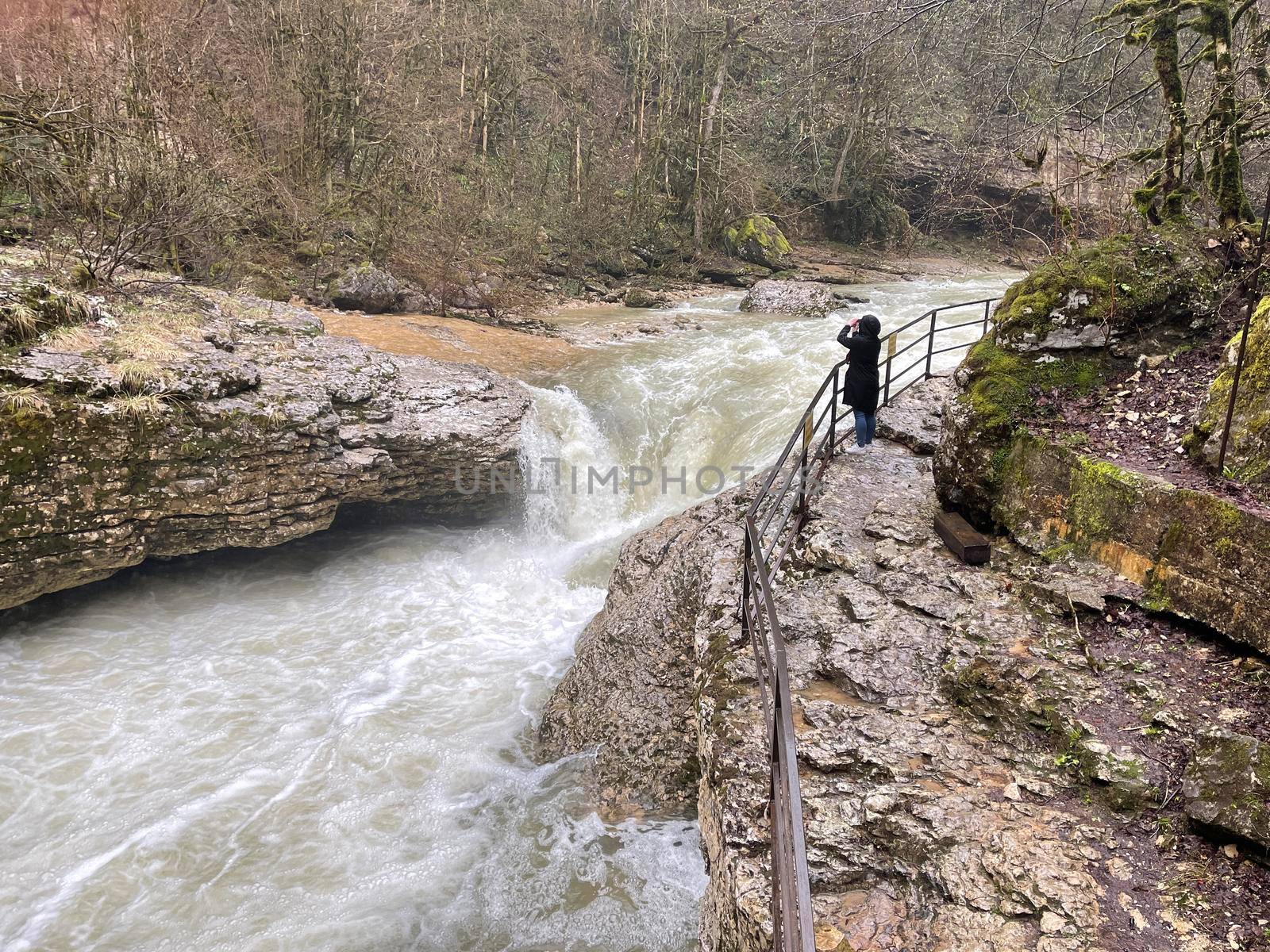 Beautiful landscape of mountain river in amazing and mysterious nature. Mountain waterway flowing through mountainous terrain