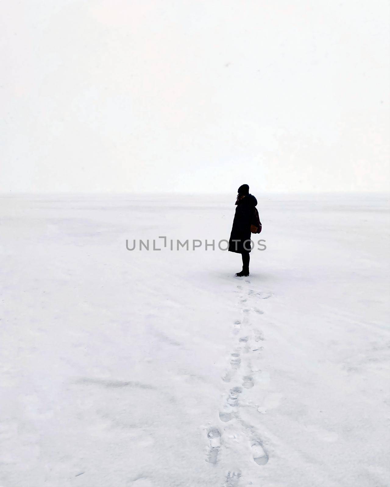 Unrecognizable woman in black clothes standing on snowy lake in cloudy weather. Silhouette of female walking on winter lake in cold weather