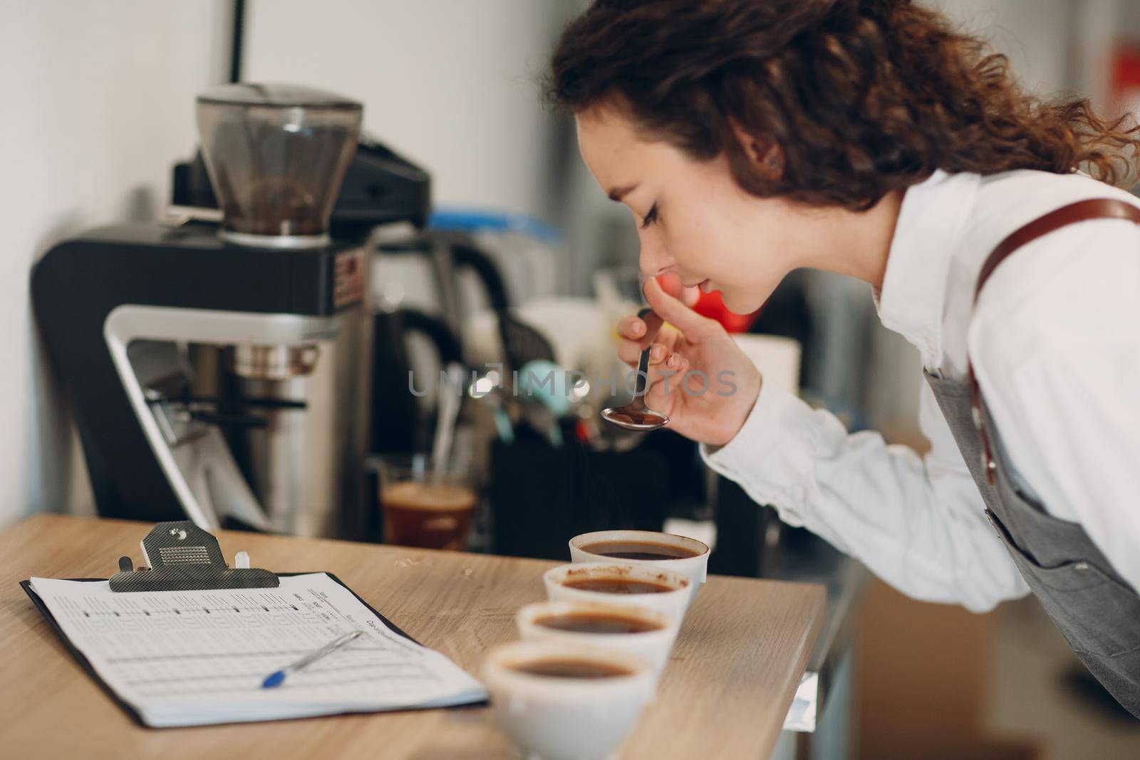 Cup Taster Girl Tasting Degustation Coffee Quality Test. Coffee Samples Cupping by primipil