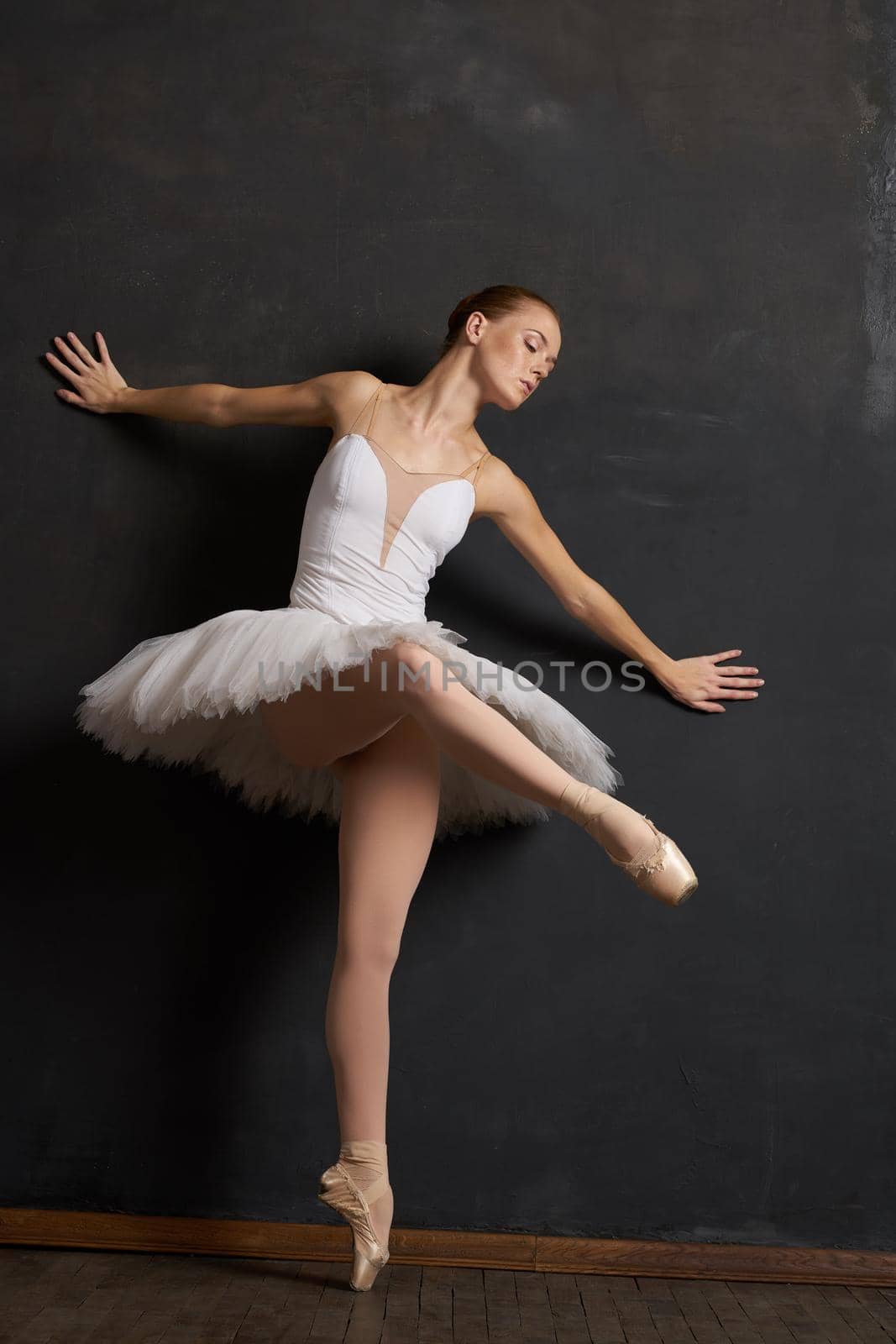 woman ballerina in a white tutu dance posing performance dark background by Vichizh