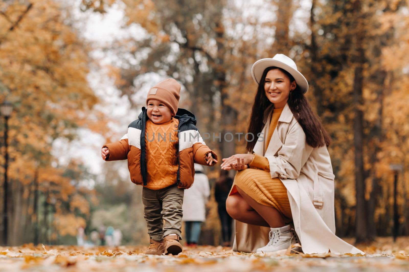 mother and son walk in the autumn Park. The family walks through the nature Park in the Golden autumn