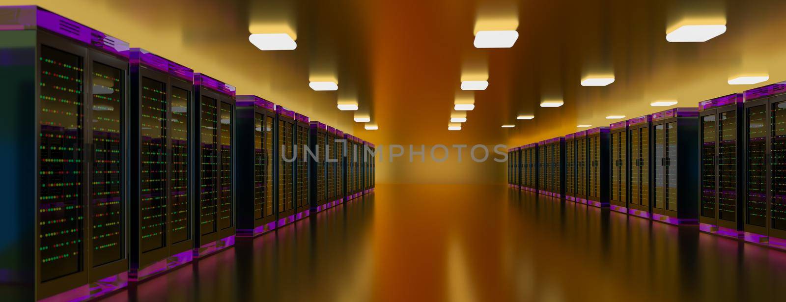 Servers racks in server room cloud data center. Datacenter hardware cluster. Backup, hosting, mainframe, mining, farm and computer rack with storage information. 3D rendering. 3D illustration