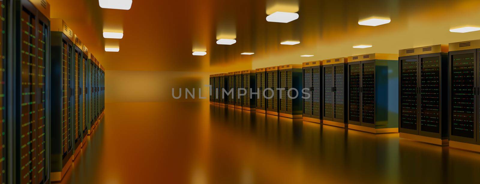 Servers racks in server room cloud data center. Datacenter hardware cluster. Backup, hosting, mainframe, mining, farm and computer rack with storage information. 3D rendering. 3D illustration