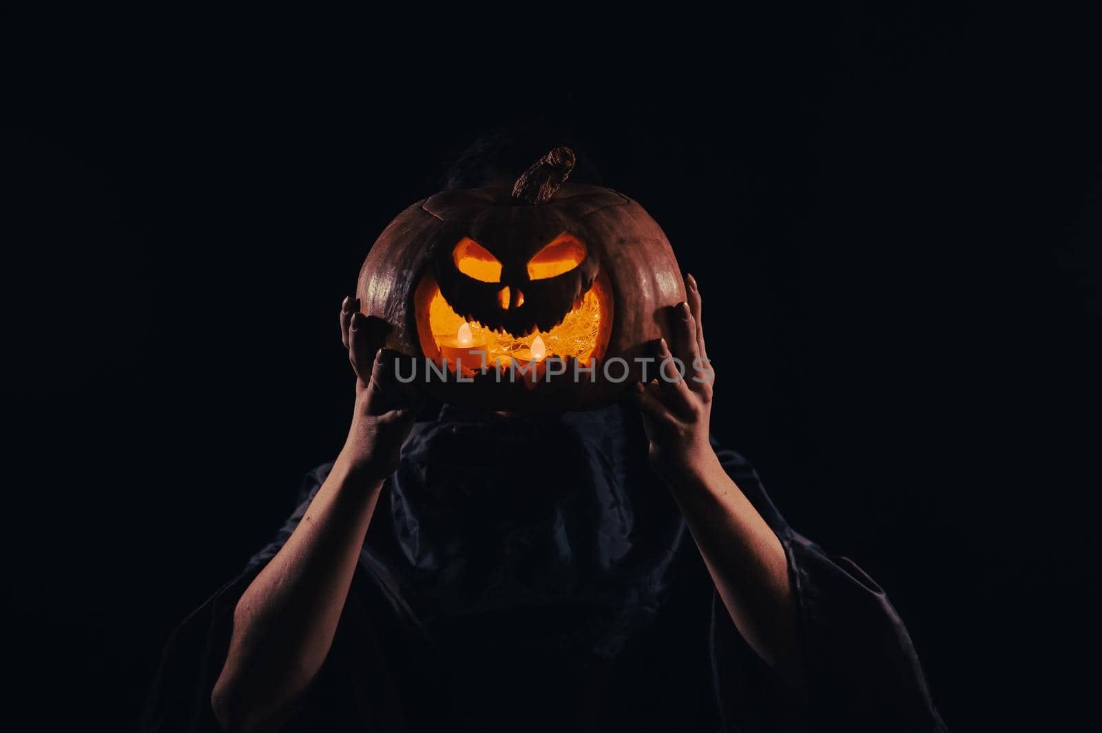 Pumpkin jack o lantern instead of a woman's head. Halloween by mrwed54