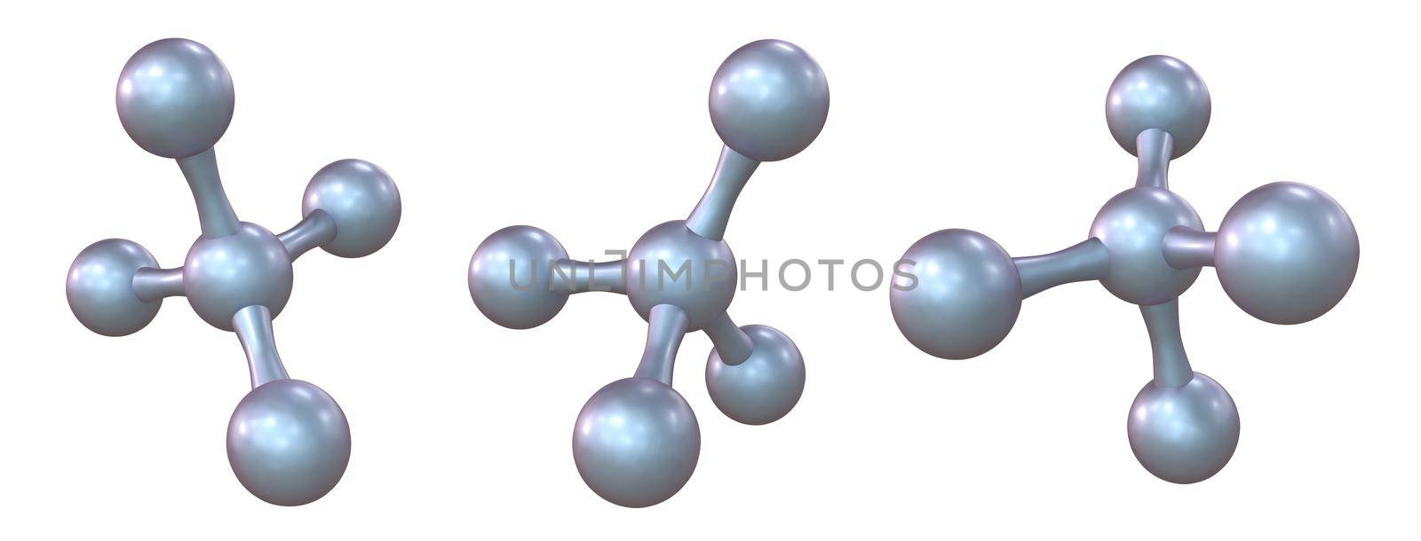 Three abstract molecules 3D rendering illustration isolated on white background