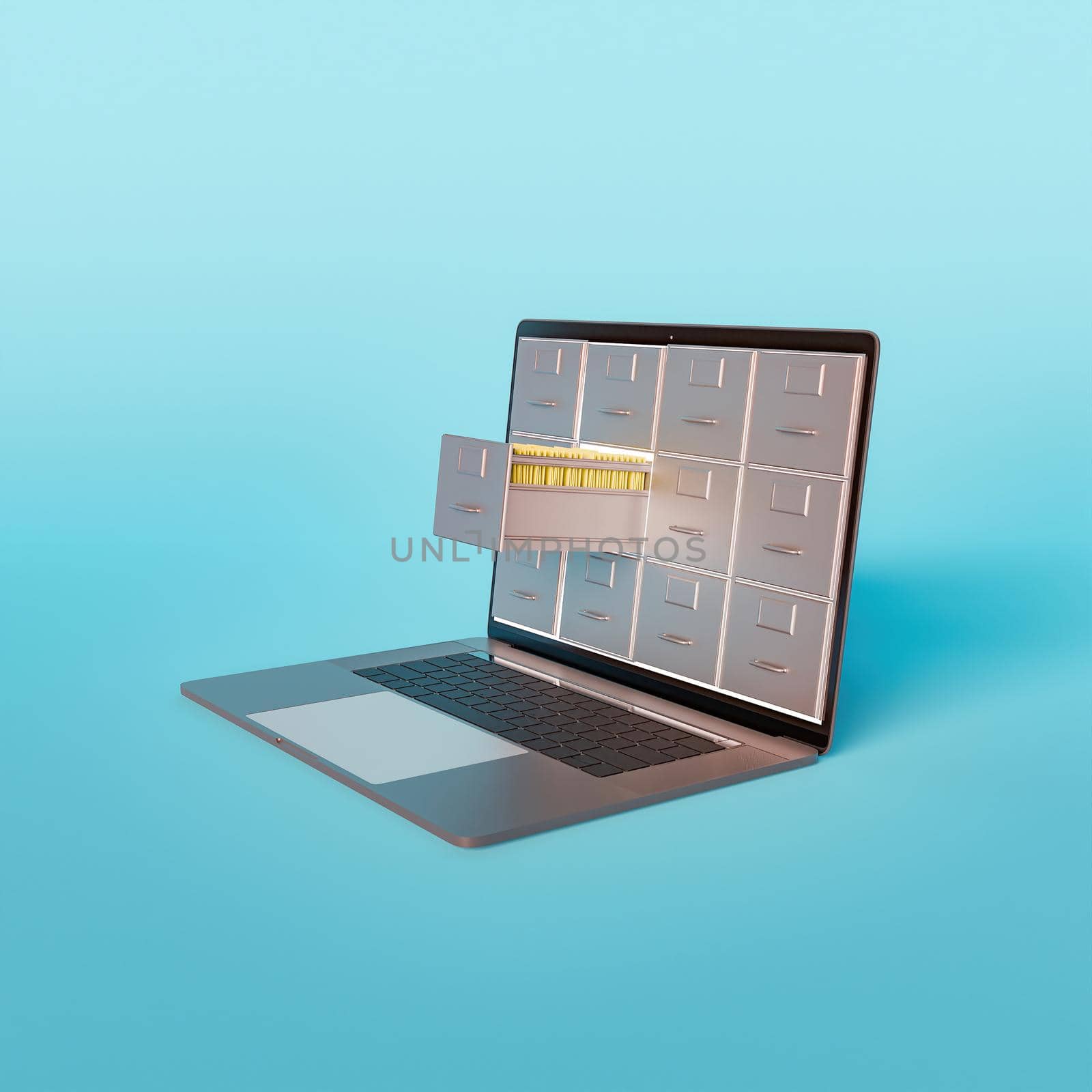 minimalist laptop mockup with file drawers coming out of the screen. online storage concept. 3d render