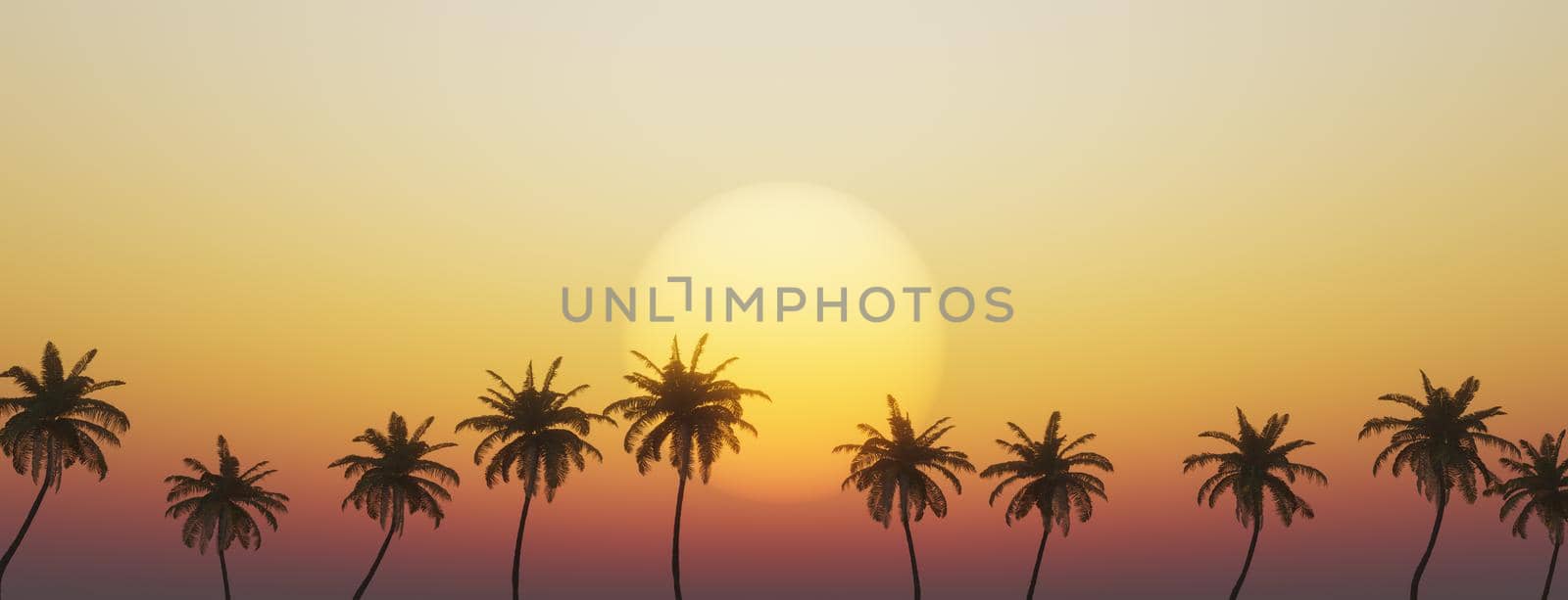 tropical warm summer background with line of palm trees and sunset behind. 3d render