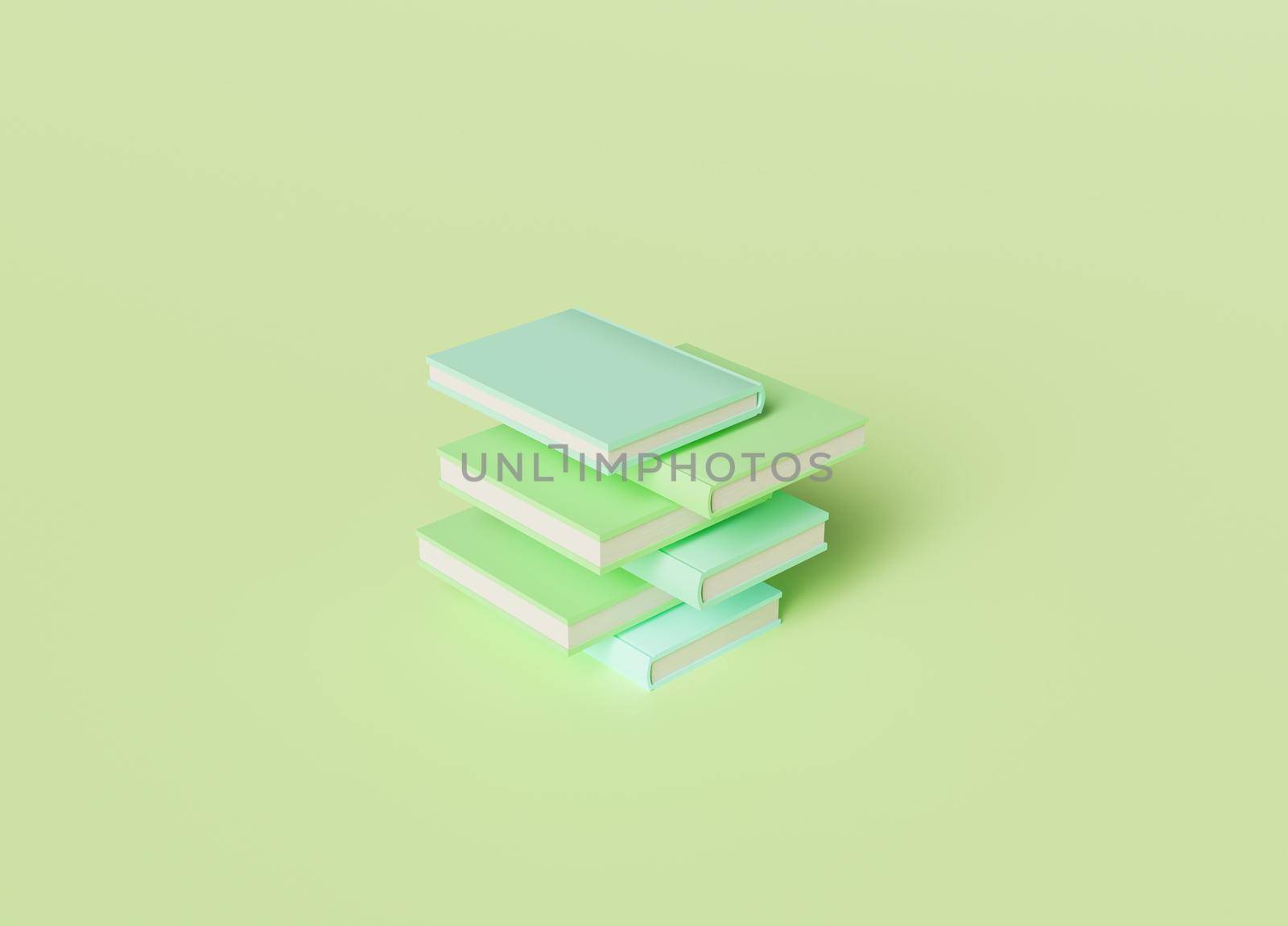 stacked and messy books with pastel green and blue tones. minimal scene. education concept. 3d render