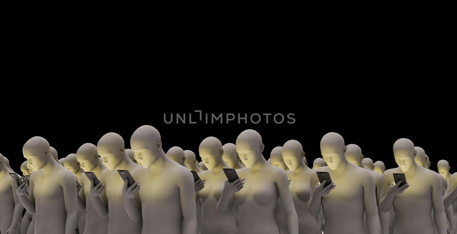 many white mannequins looking at the mobile phone with the face illuminated by the screen. 3d render