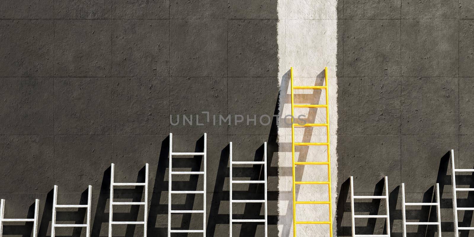 metal ladders on black concrete wall with a golden ladder on a white line. copy space. 3d render
