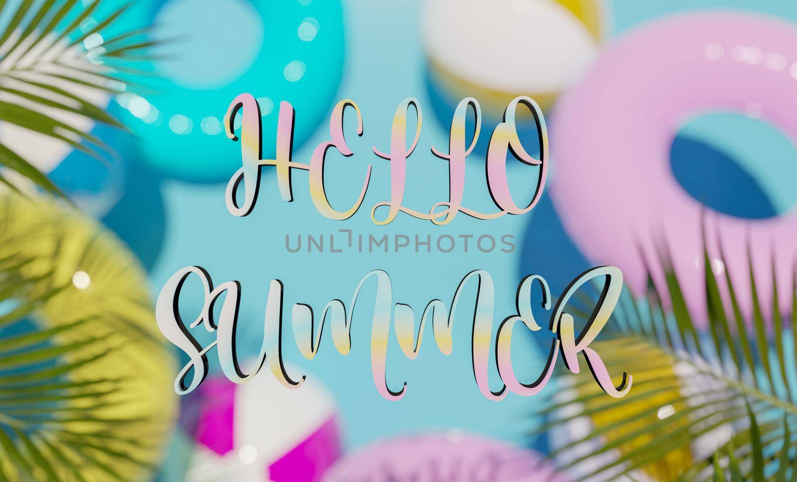 summer welcome sign with gradient lettering and blurred background of floats and beach balls. 3d render