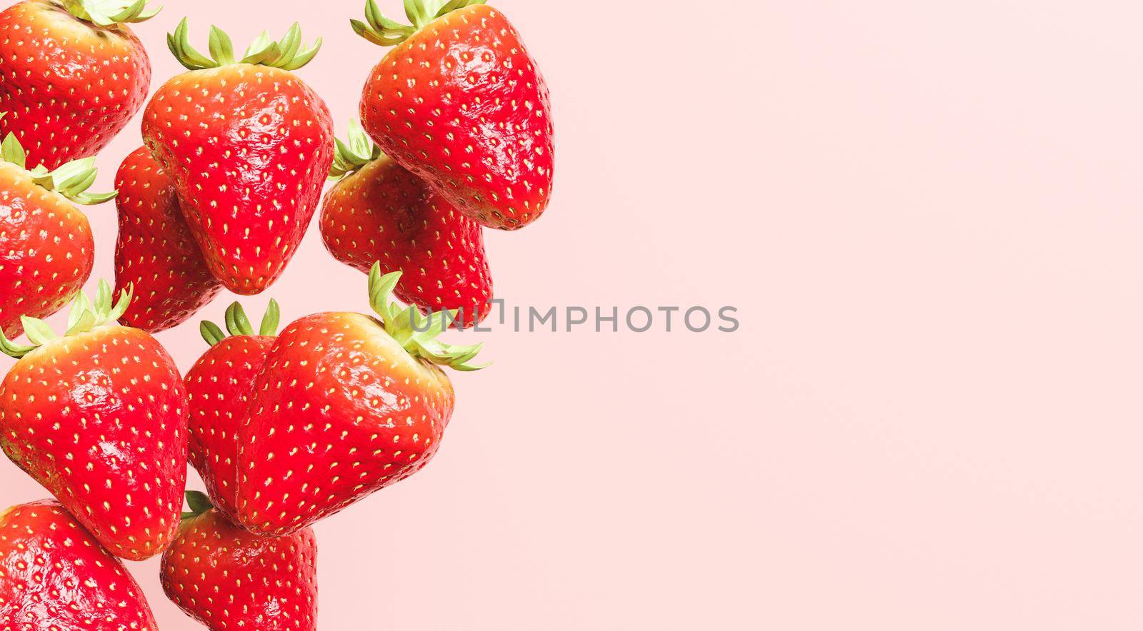 falling strawberries with red background and space for text. 3d illustration
