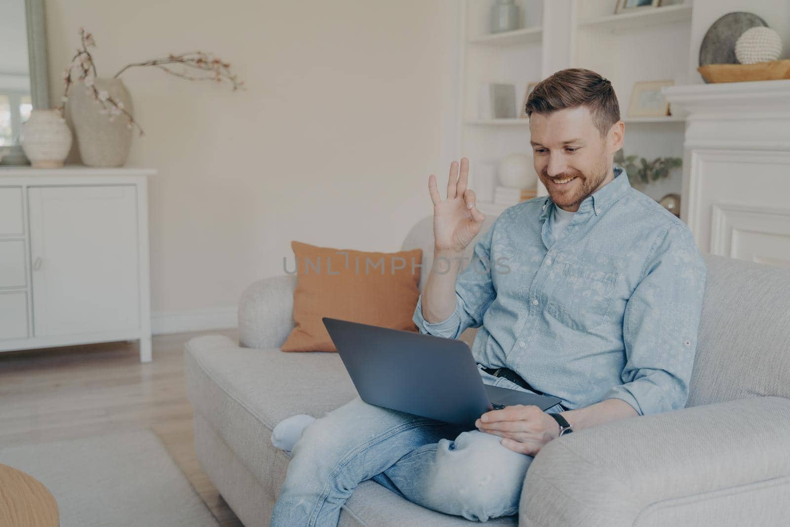 Young office male worker showing okay gesture while in online meeting at home by vkstock