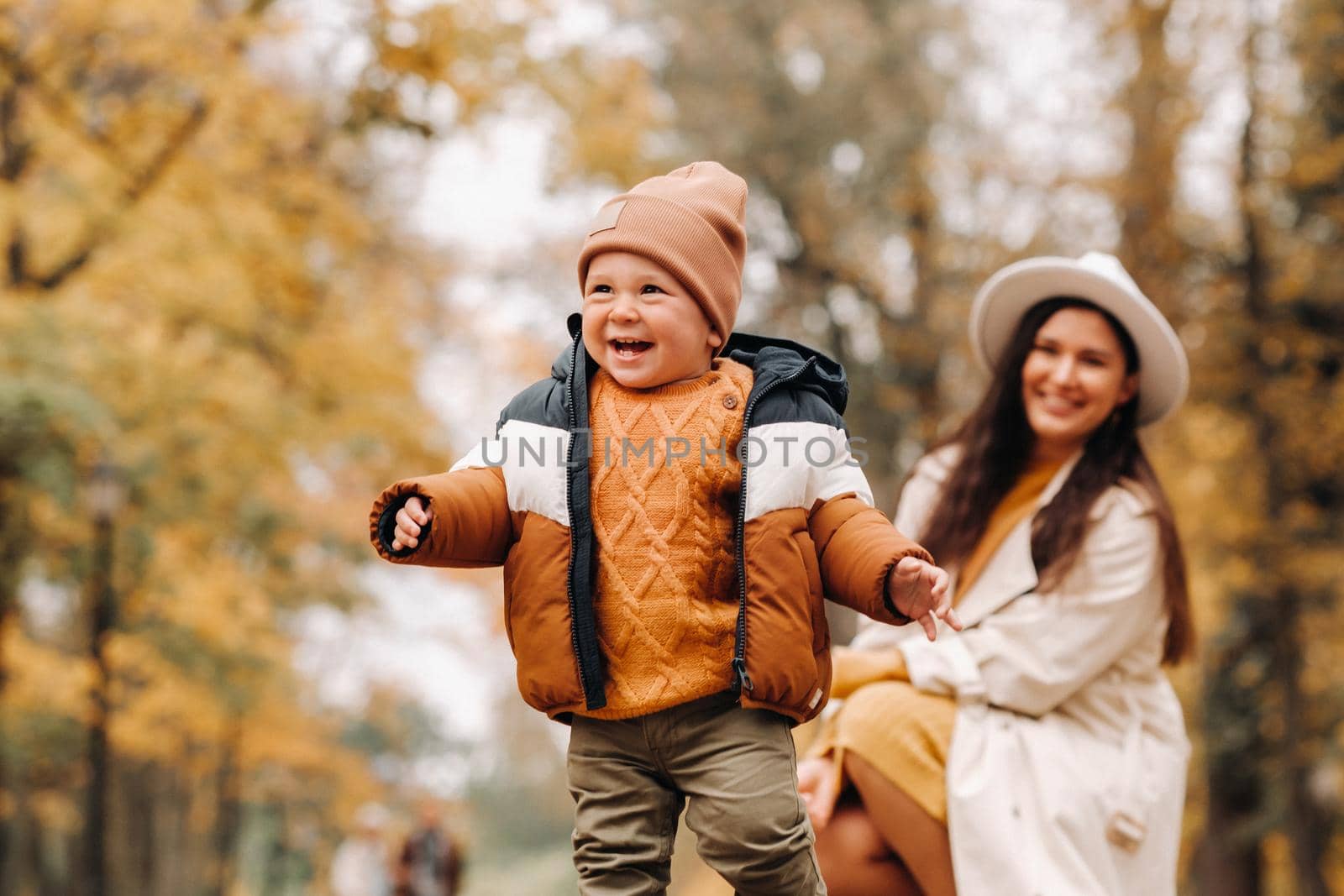 mother and son walk in the autumn Park. The family walks through the nature Park in the Golden autumn