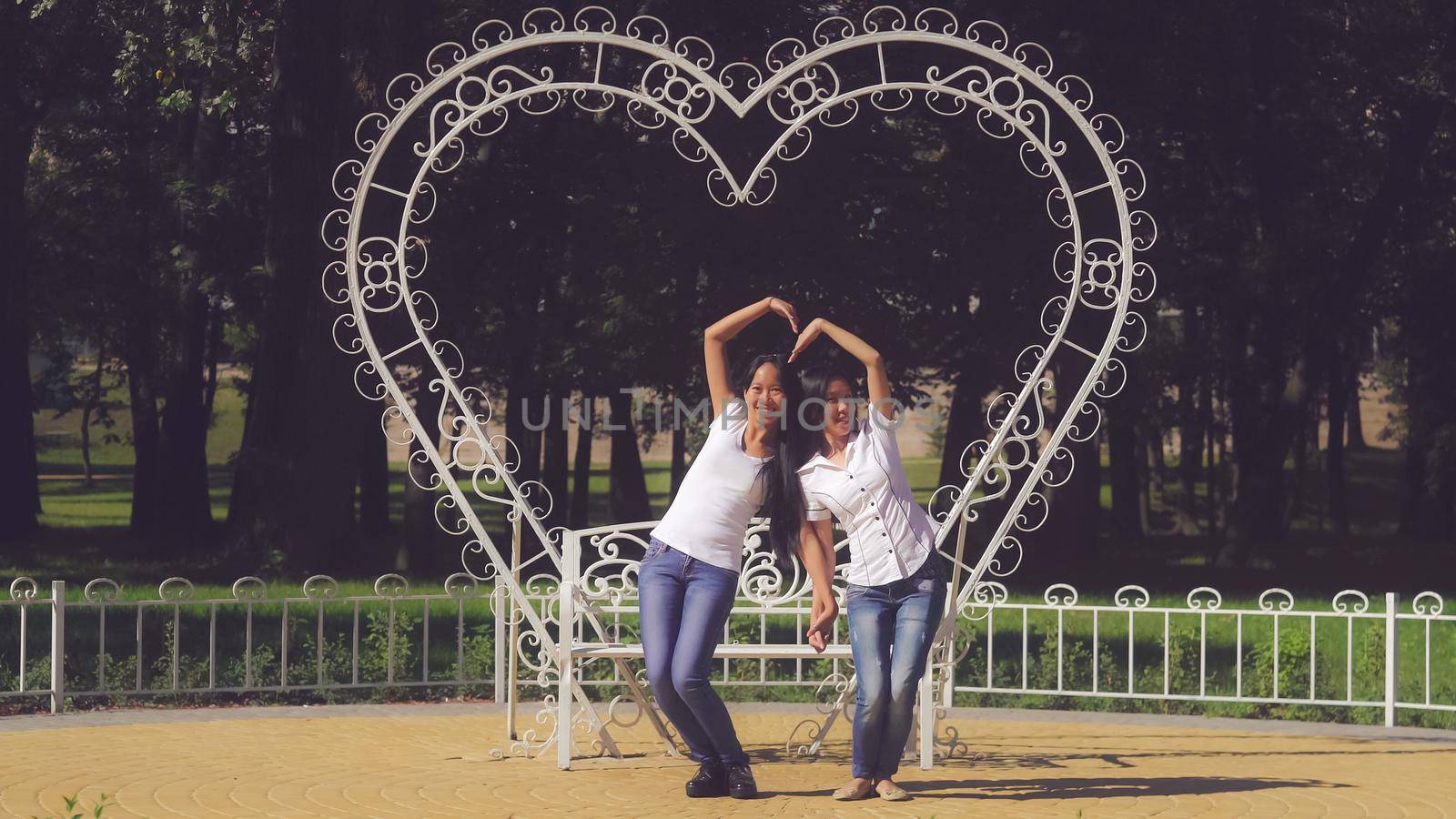 Two happy friends make sign heart in park.