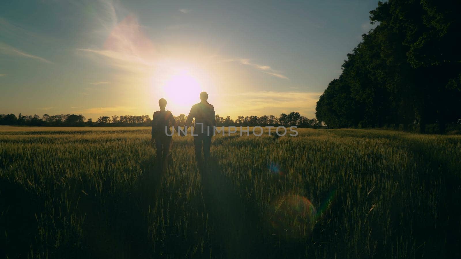 Couple in love holding hands going through the field in sunset. Silhouettes man and woman outdoors enjoy freedom and nature. Beautiful sun in sundown summer season.