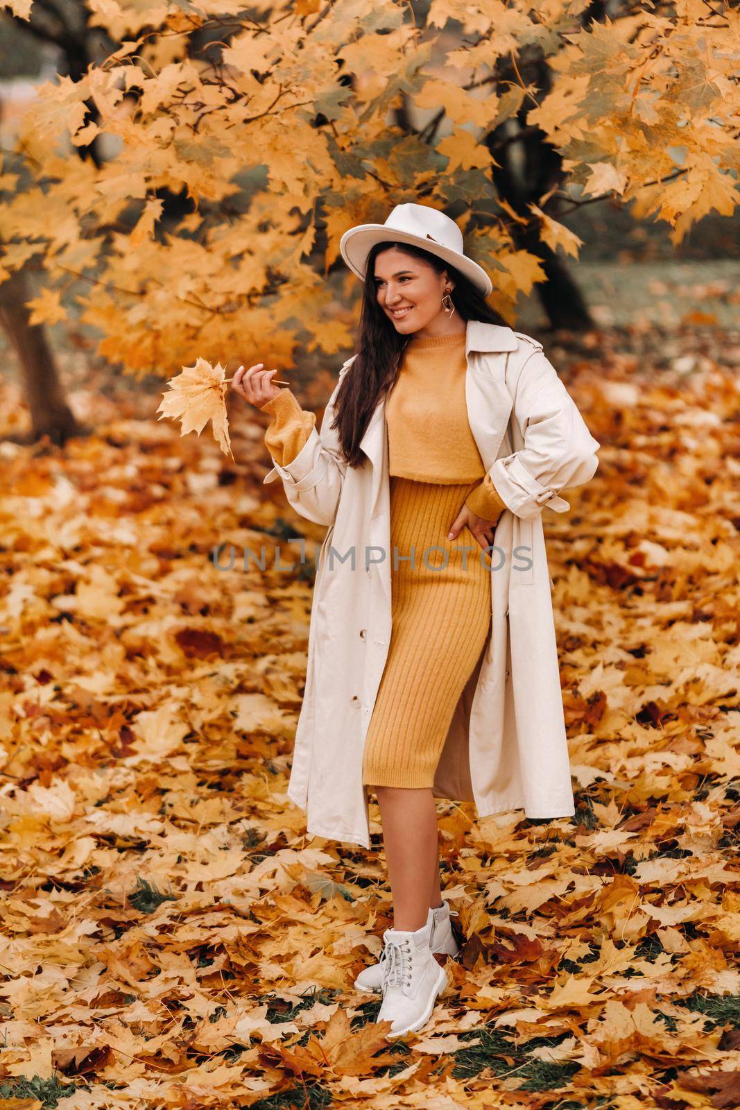 a girl in a white coat and hat smiles in an autumn Park.Portrait of a woman in Golden autumn