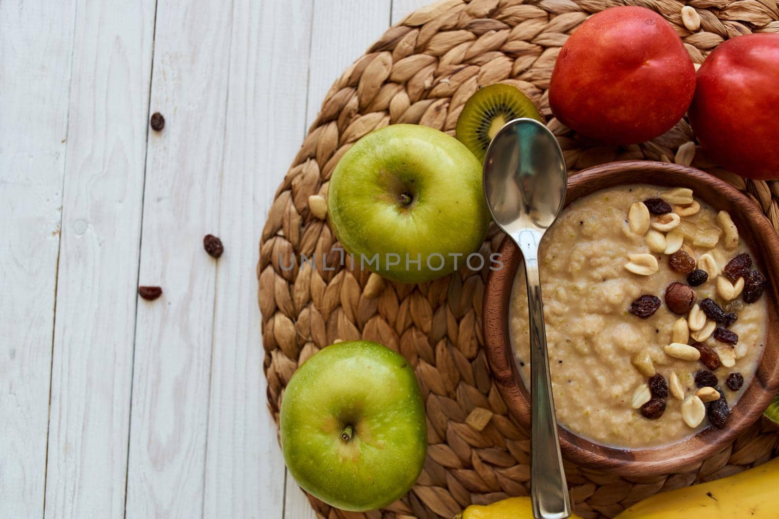 fruit dessert breakfast cereals vitamins organic wood background by Vichizh