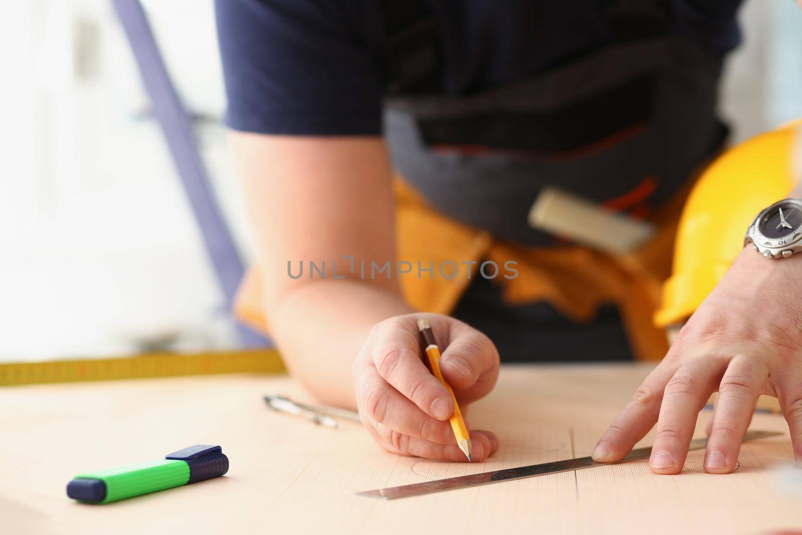 Arms of worker making structure plan on scaled paper closeup. Manual job DIY inspiration improvement job fix shop graphic joinery startup workplace idea designer career industrial education
