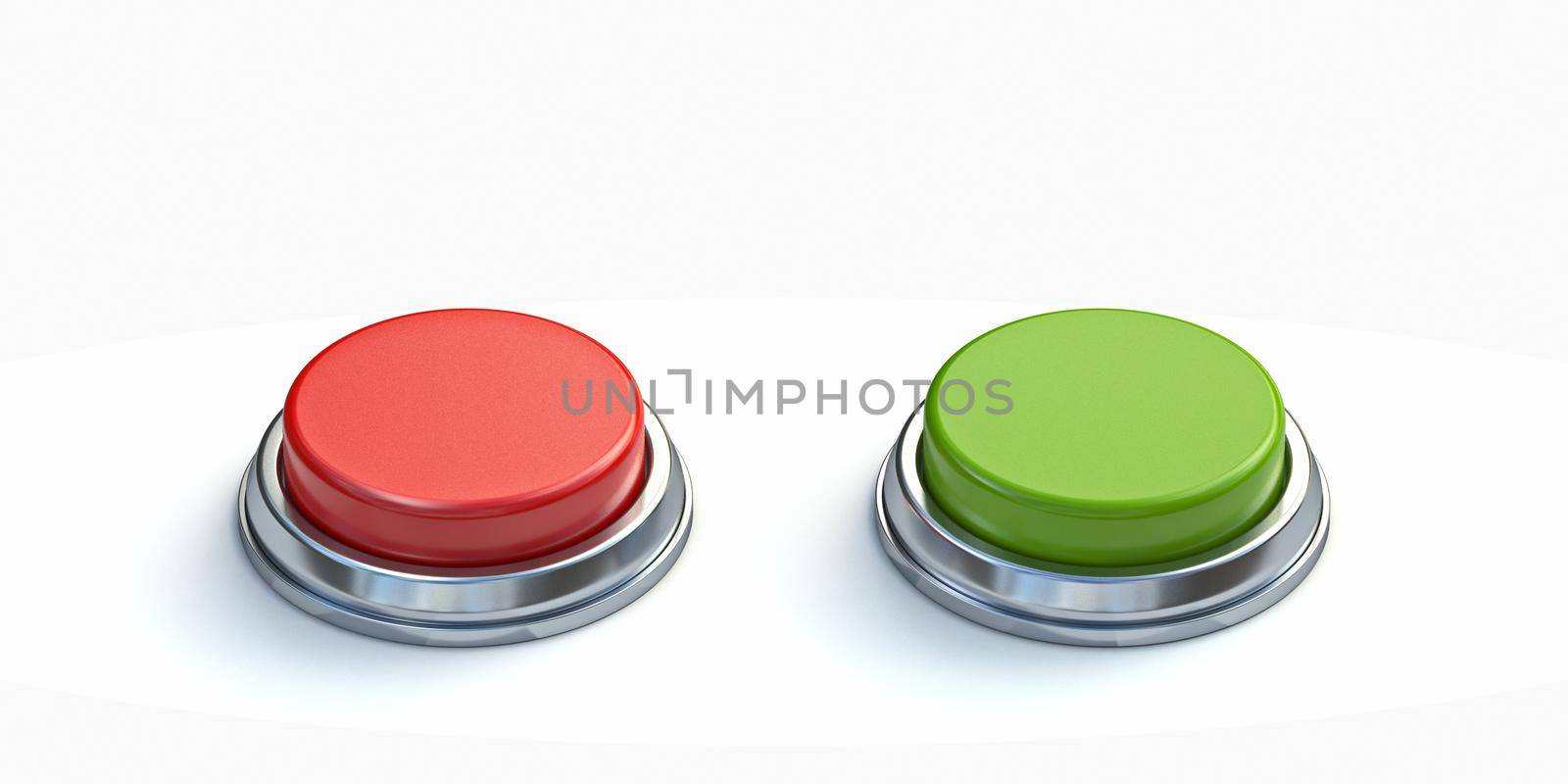 Red and green buttons made of metal and plastic 3D rendering illustration isolated on white background