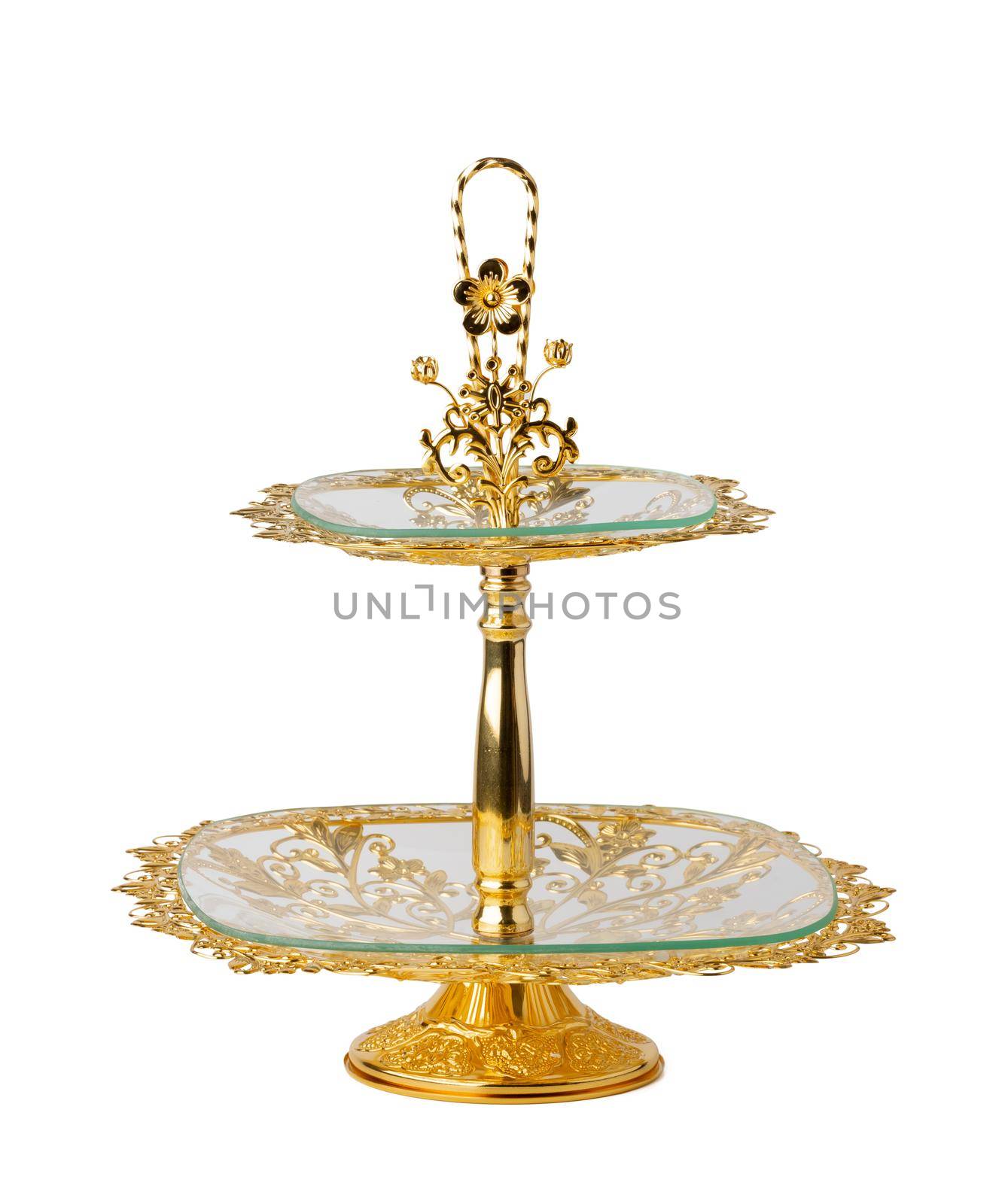 Oriental golden cake stand isolated on white background, close up