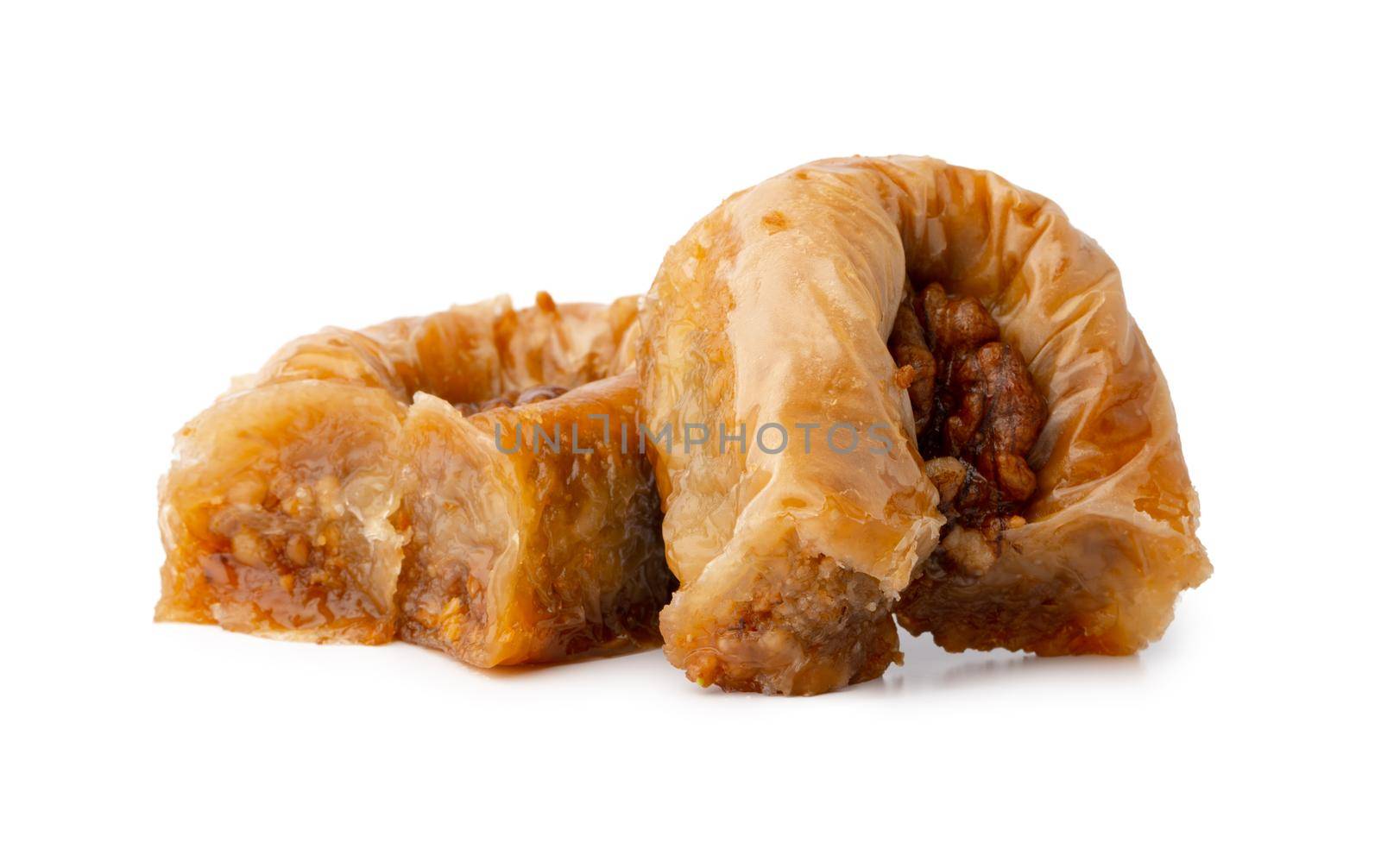 Delicious sweet baklava isolated on white background, close up