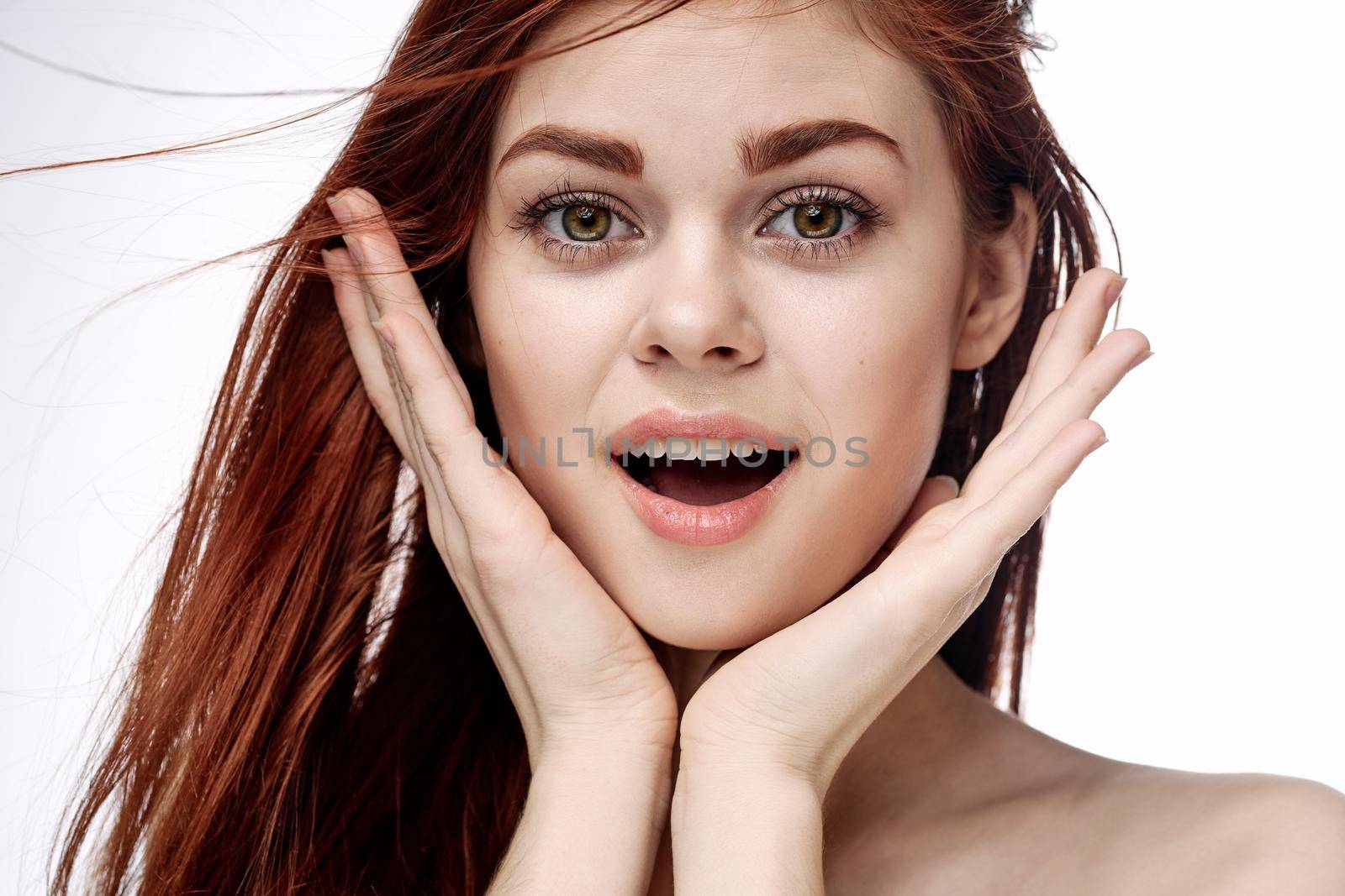 red-haired woman attractive look naked shoulders cosmetics smile by Vichizh