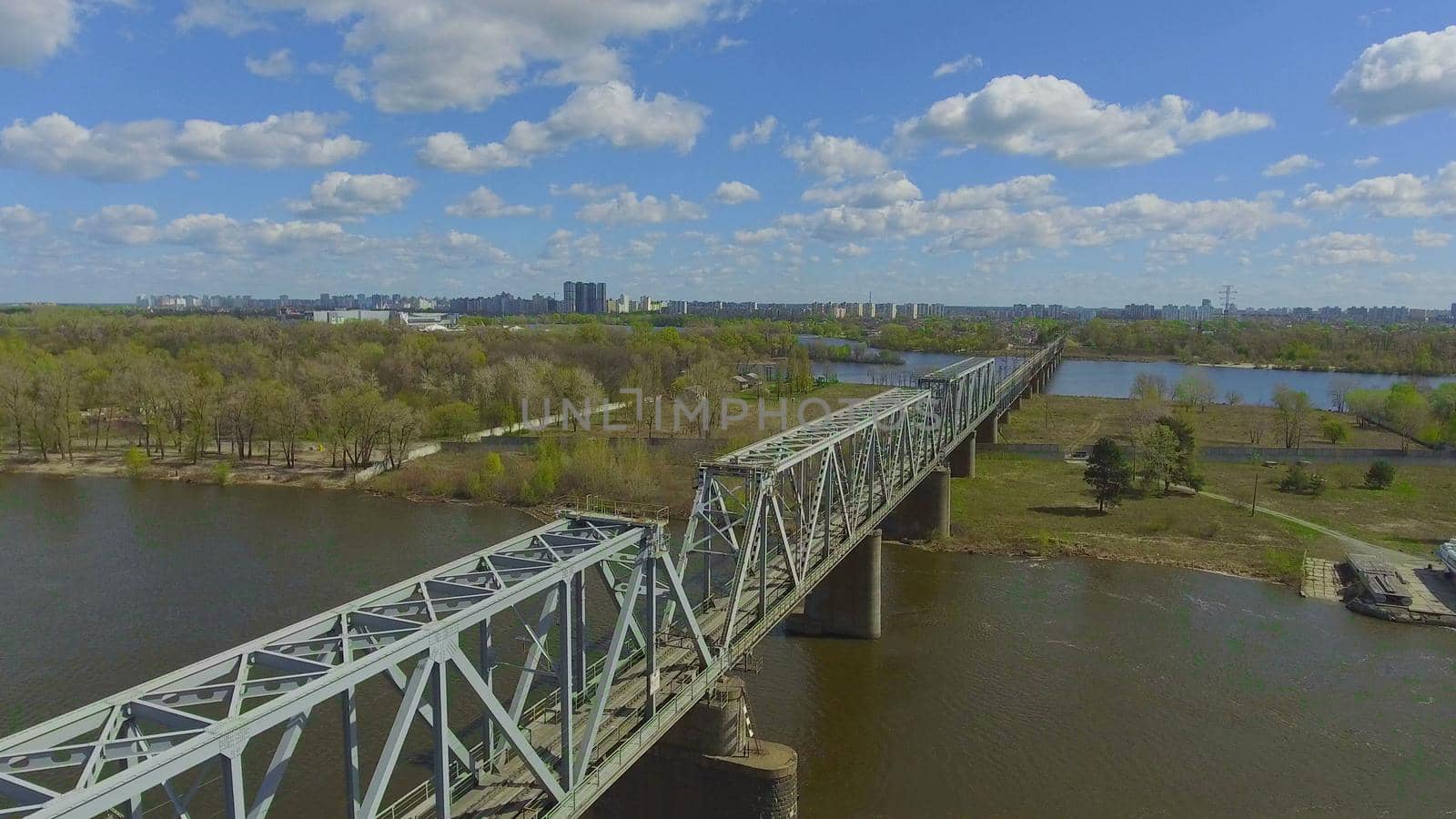 aerial view on the kyiv in spring season. Top scene on the bridge over river.