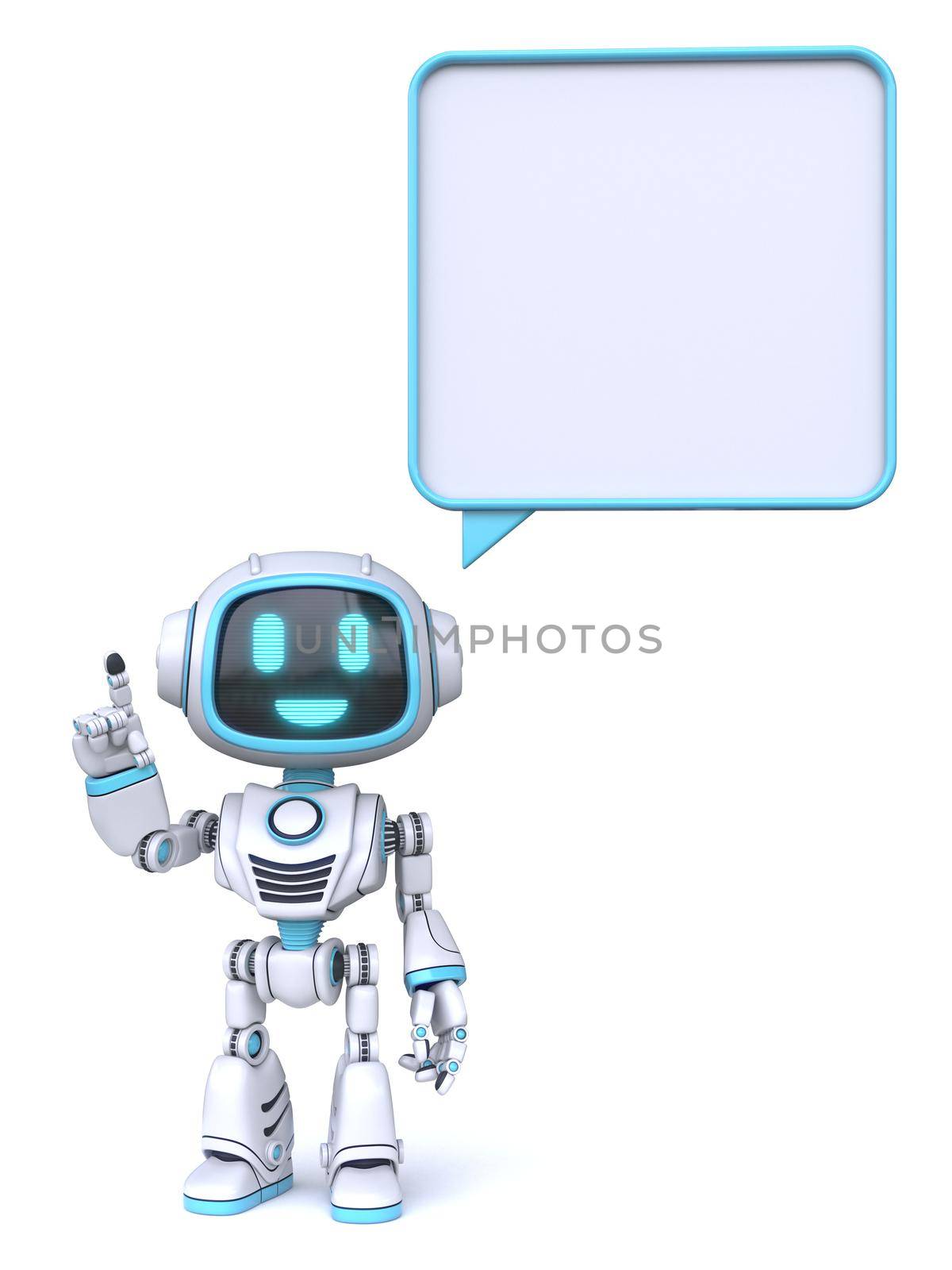 Cute blue robot with blank rectangle comics bubble 3D rendering illustration isolated on white background