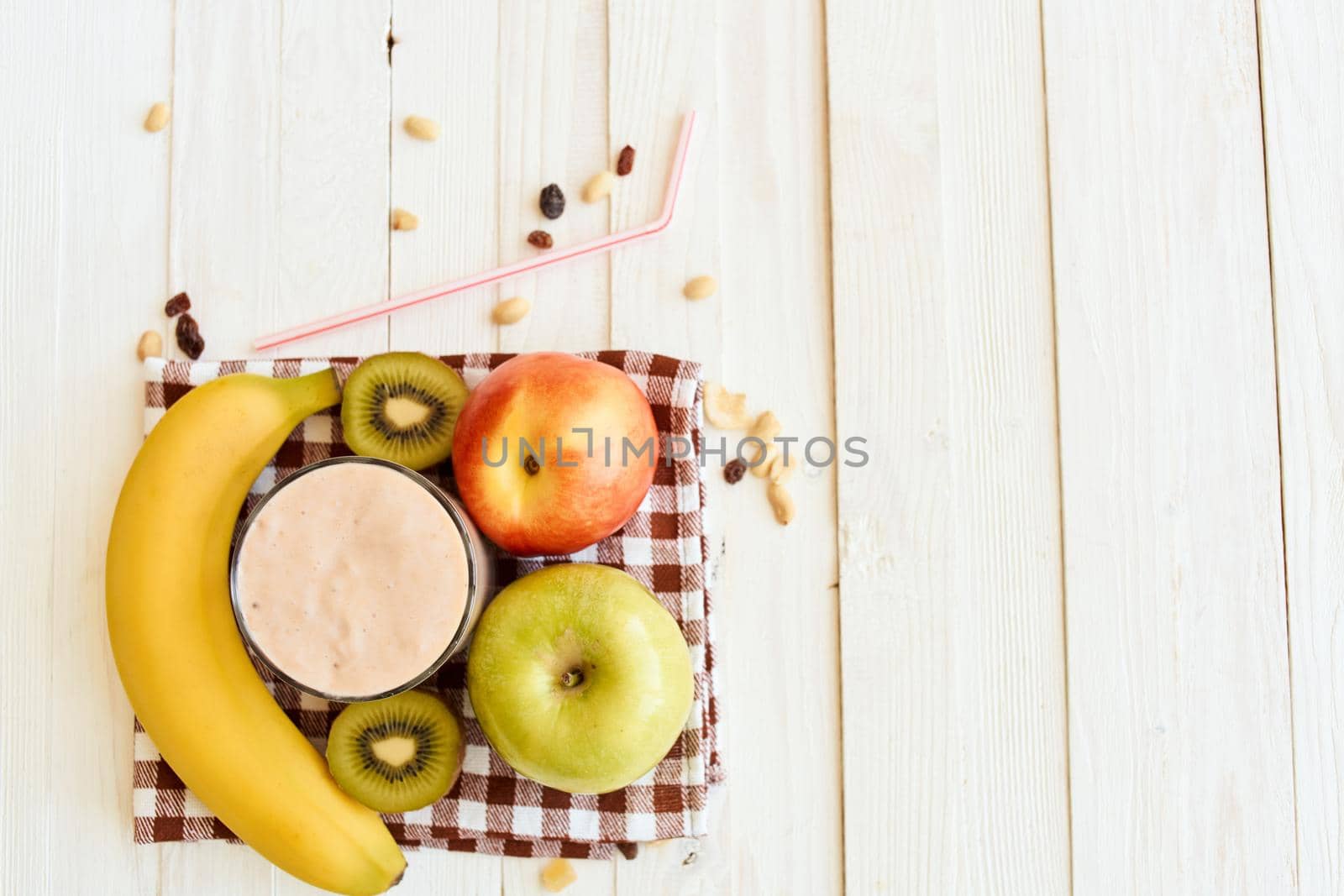 fresh fruit cocktail breakfast dessert organic wood background. High quality photo