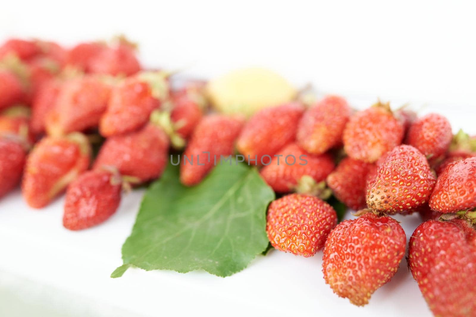 A lot of strawberries and one yellow apricot with green leaf lie on a white windowsill