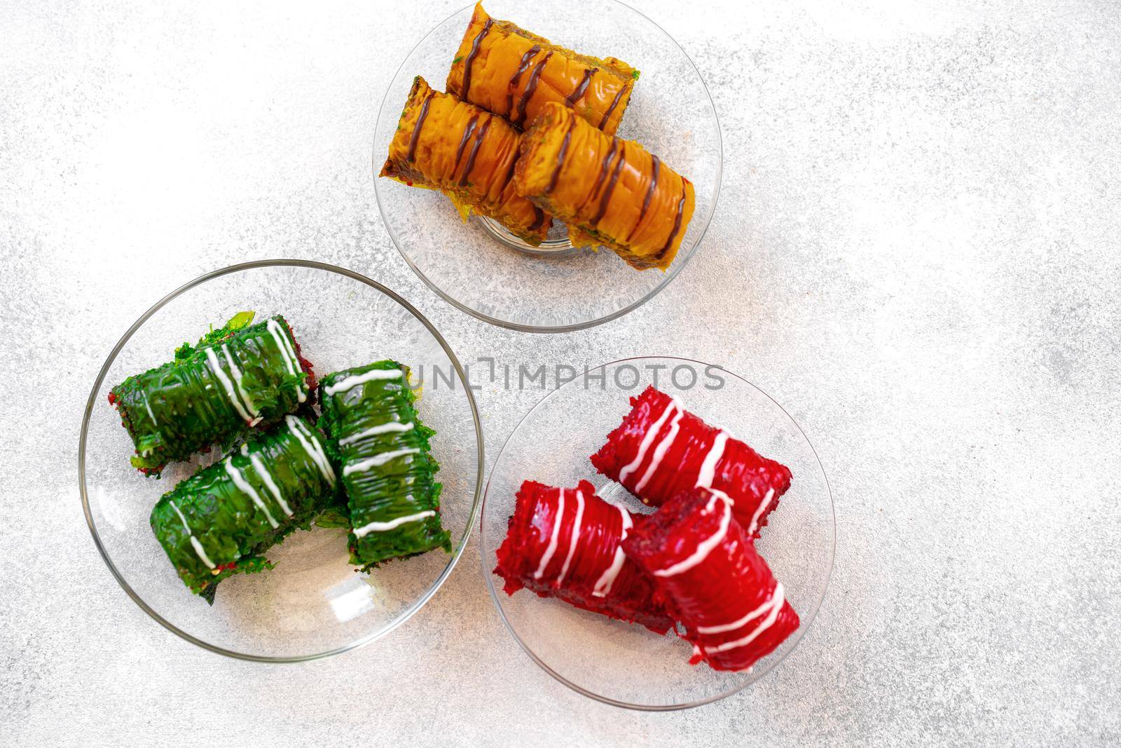 Turkish baklava dessert with honey, close up photo