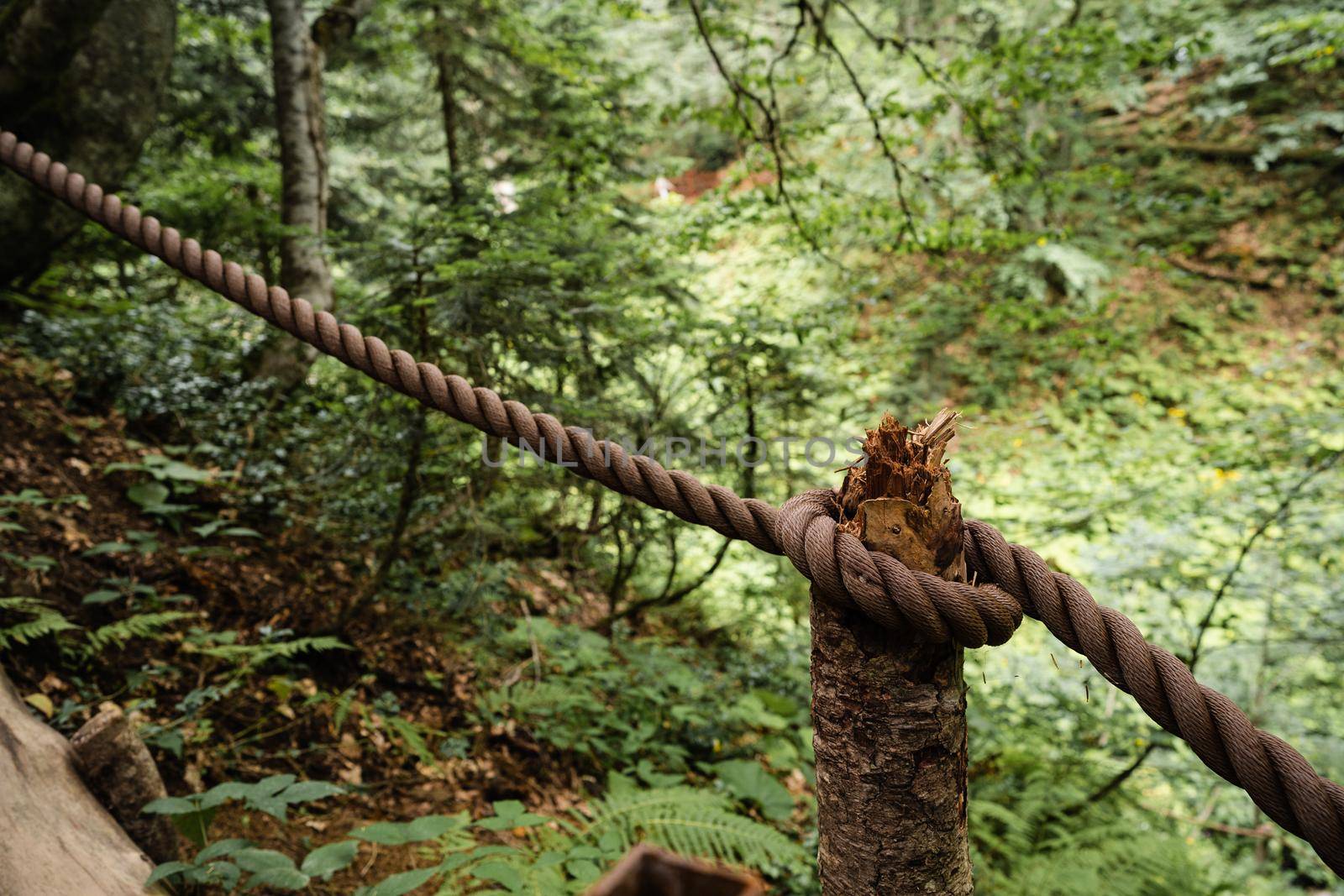 Dirty thick rope tied to a wooden fence, close up