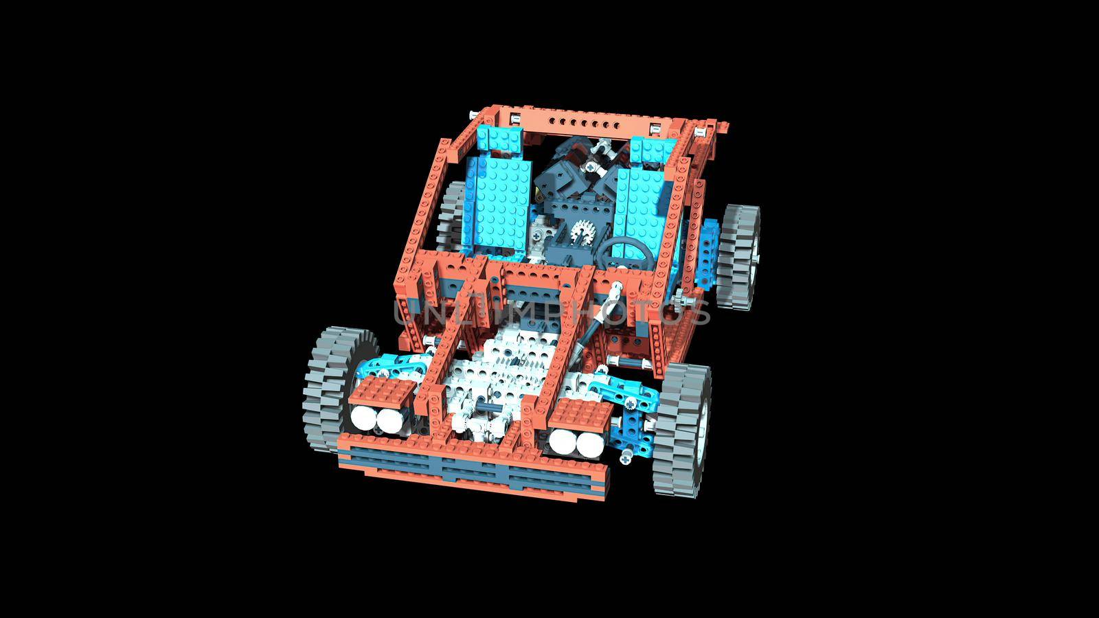 3d illustration - test car made from plastic bricks. 