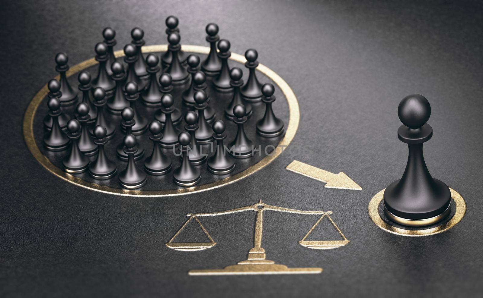 3d illustration of many pawns over golden and black background representing a class action or a collective redress concept. 