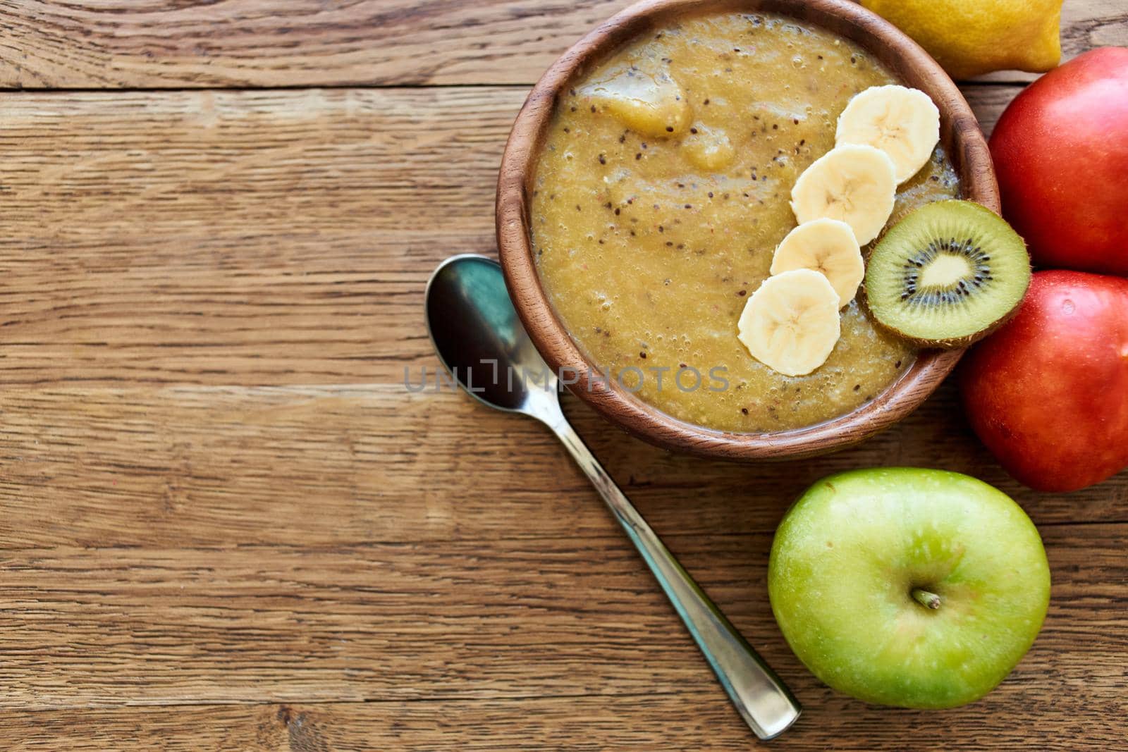 fruit dessert breakfast cereals vitamins organic wood background. High quality photo