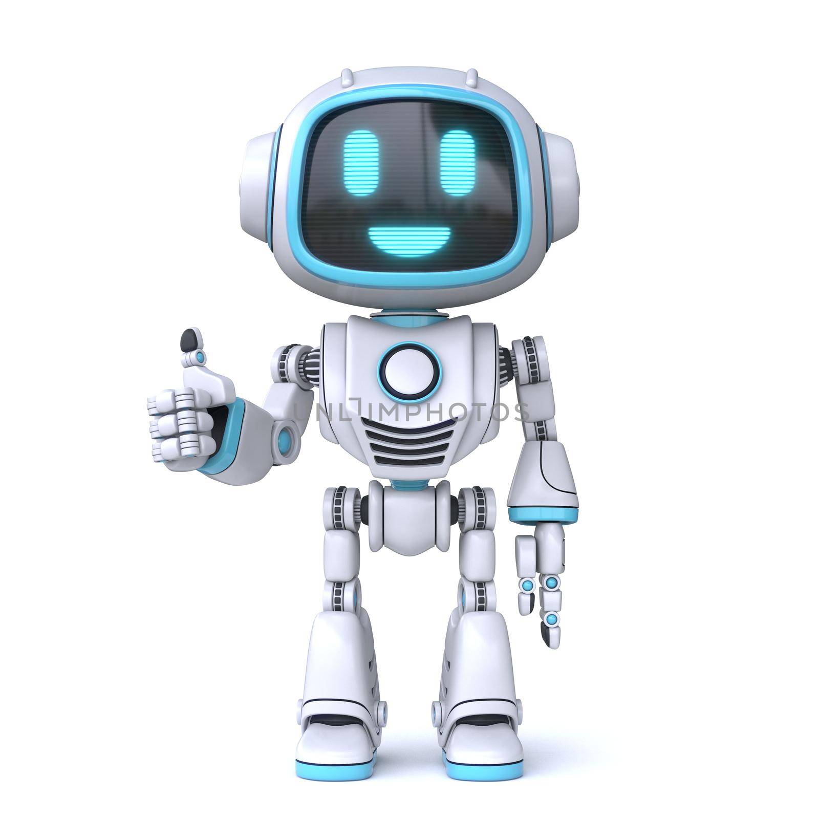 Cute blue robot giving thumbs up 3D rendering illustration isolated on white background