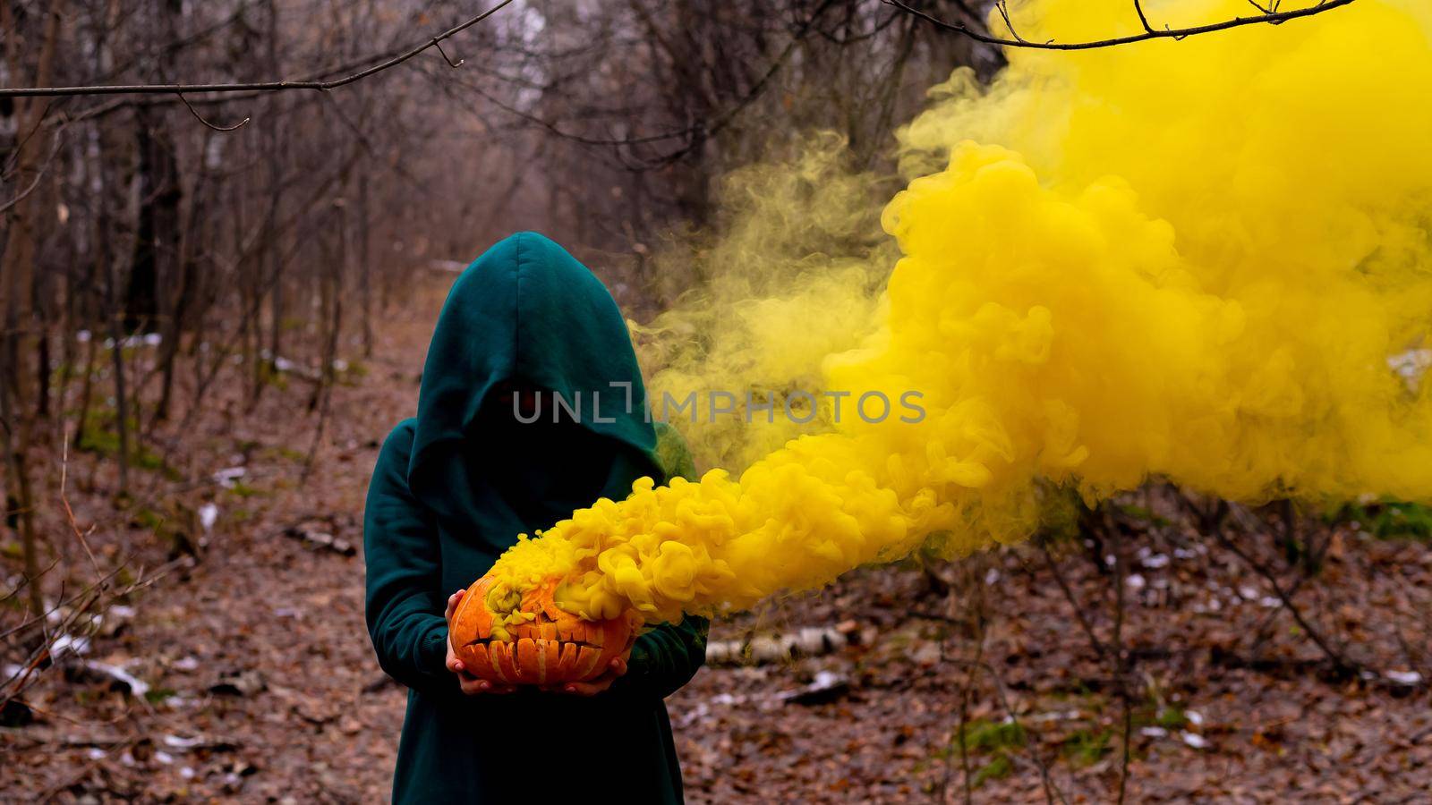 A creepy witch holds a steaming pumpkin in a deep forest. Jack o lantern emits yellow smoke for halloween by mrwed54