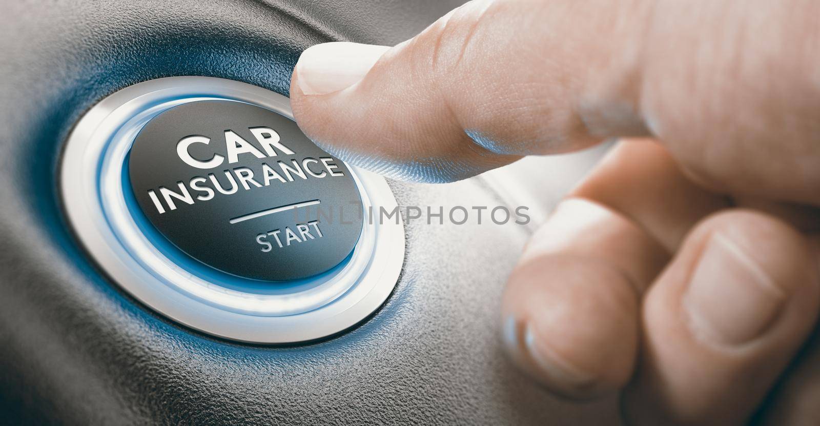 Finger pressing a push button where it is written the text car insurance start. Concept of insured person. Composite image between a hand photography and a 3D background.