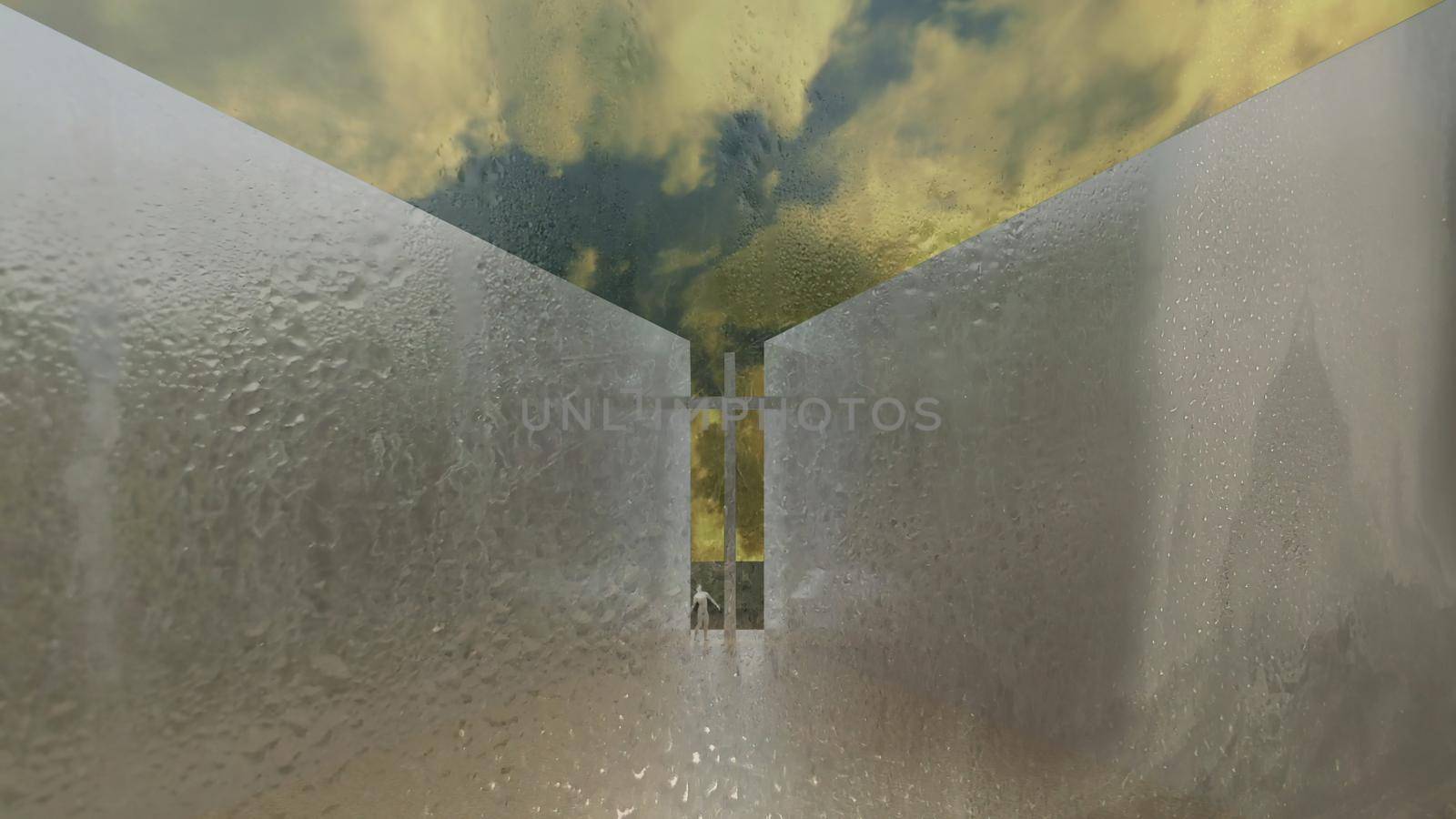 3d illustration - Cross between two white walls and  yellow sky in background