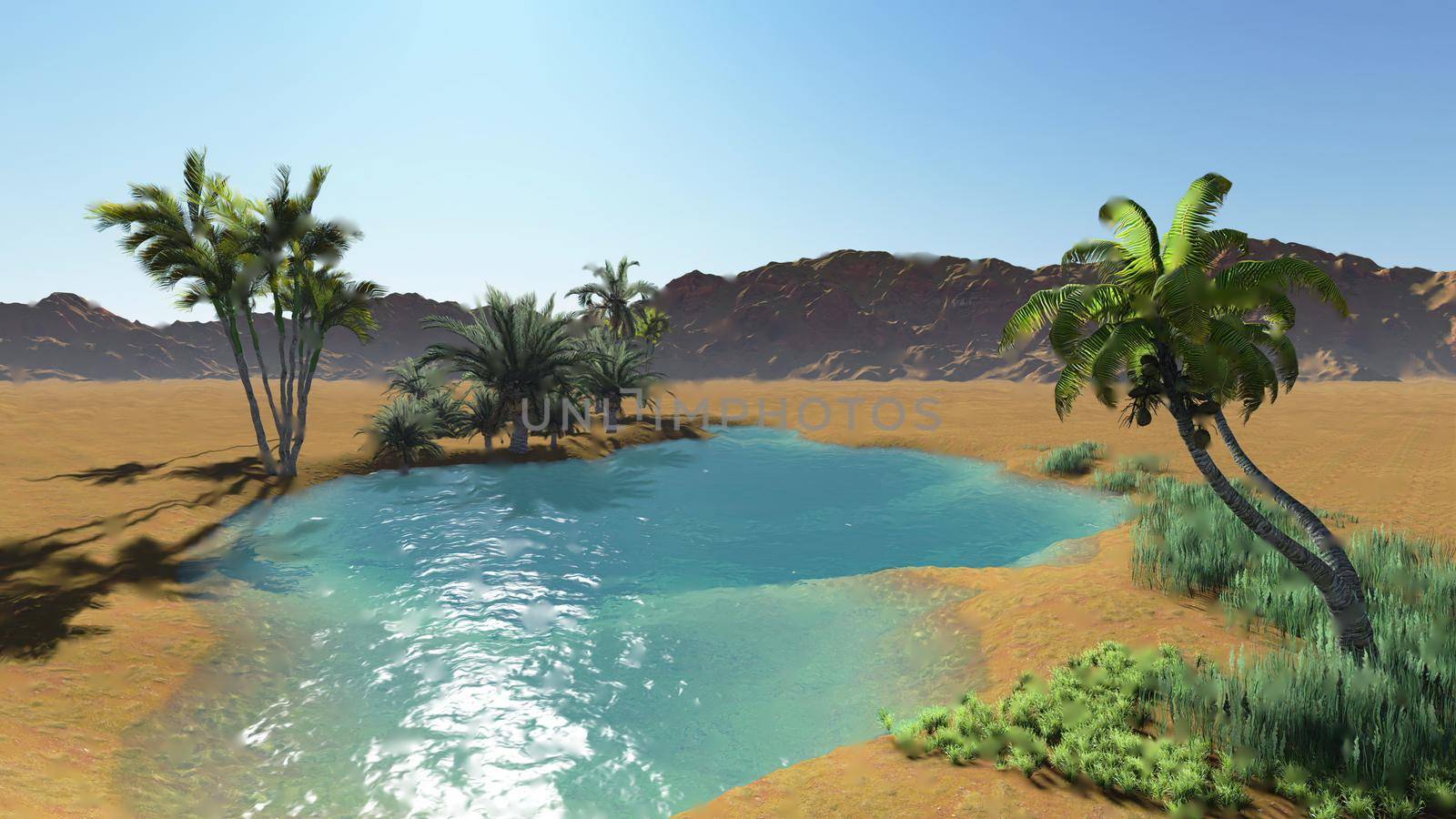 3d illustration - Oasis in the desert, dark blue clear water surrounded by palm trees and sand dunes on a very hot day